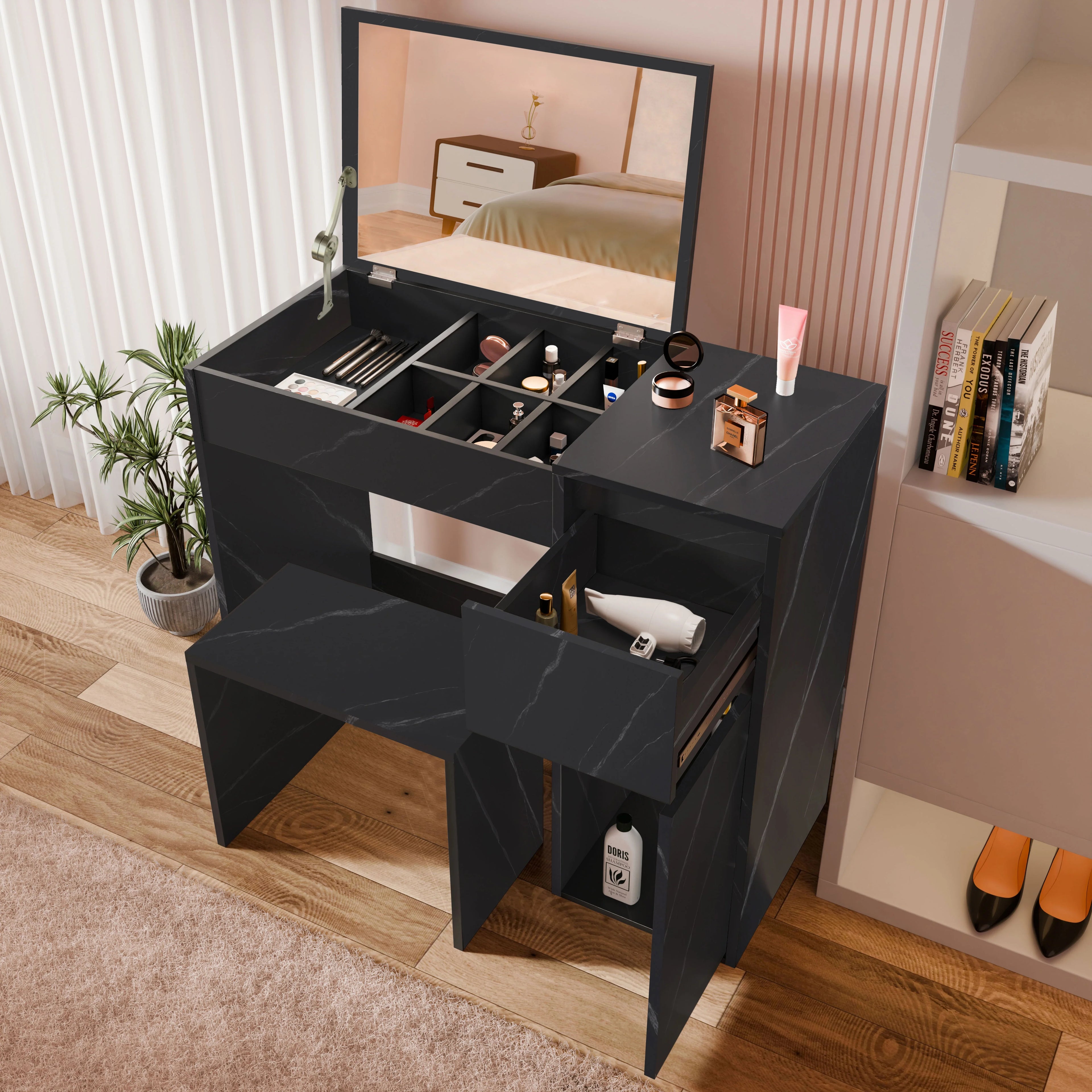 Coiffeuse avec miroir et rangement - Meuble de maquillage pour filles