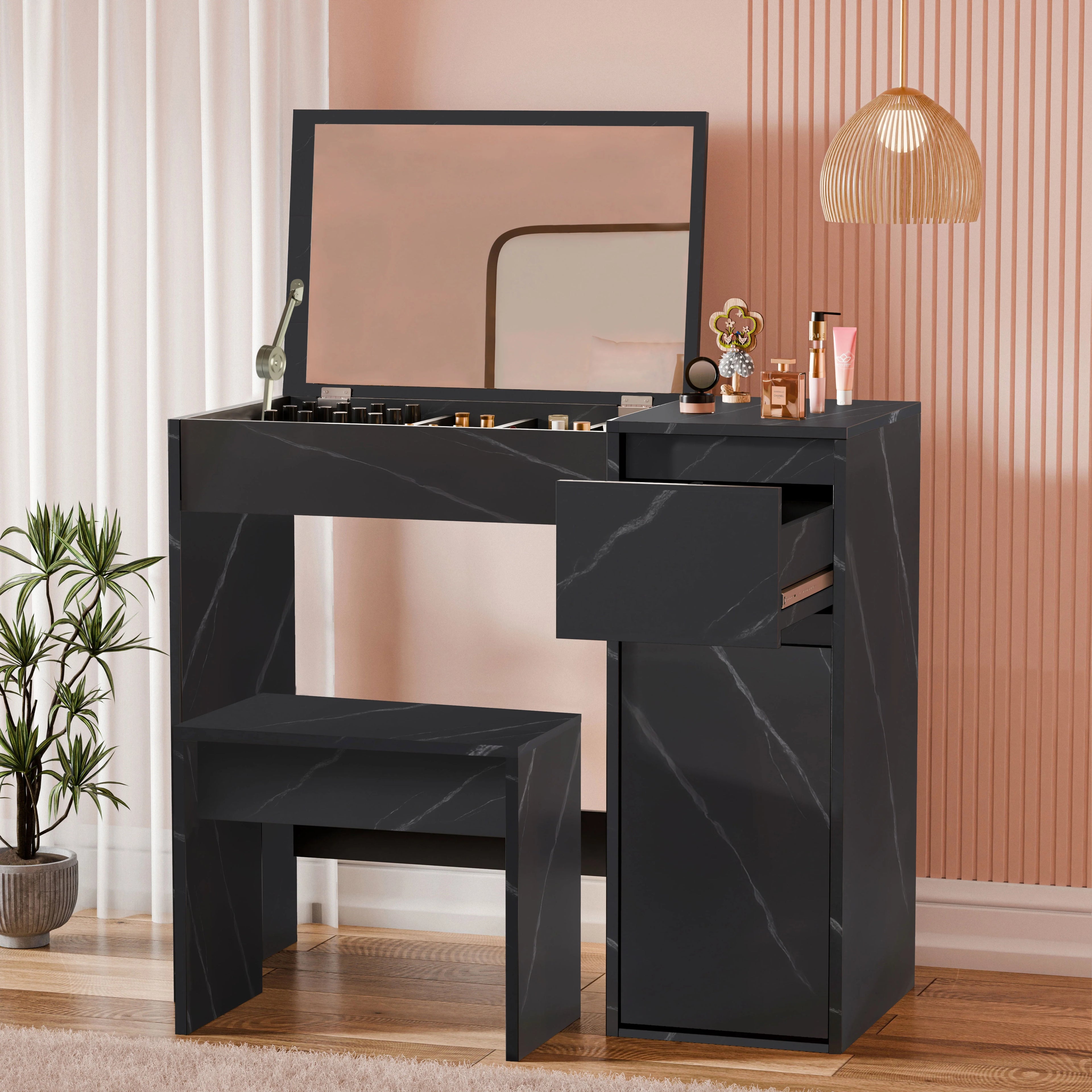 Coiffeuse avec miroir et rangement - Meuble de maquillage pour filles