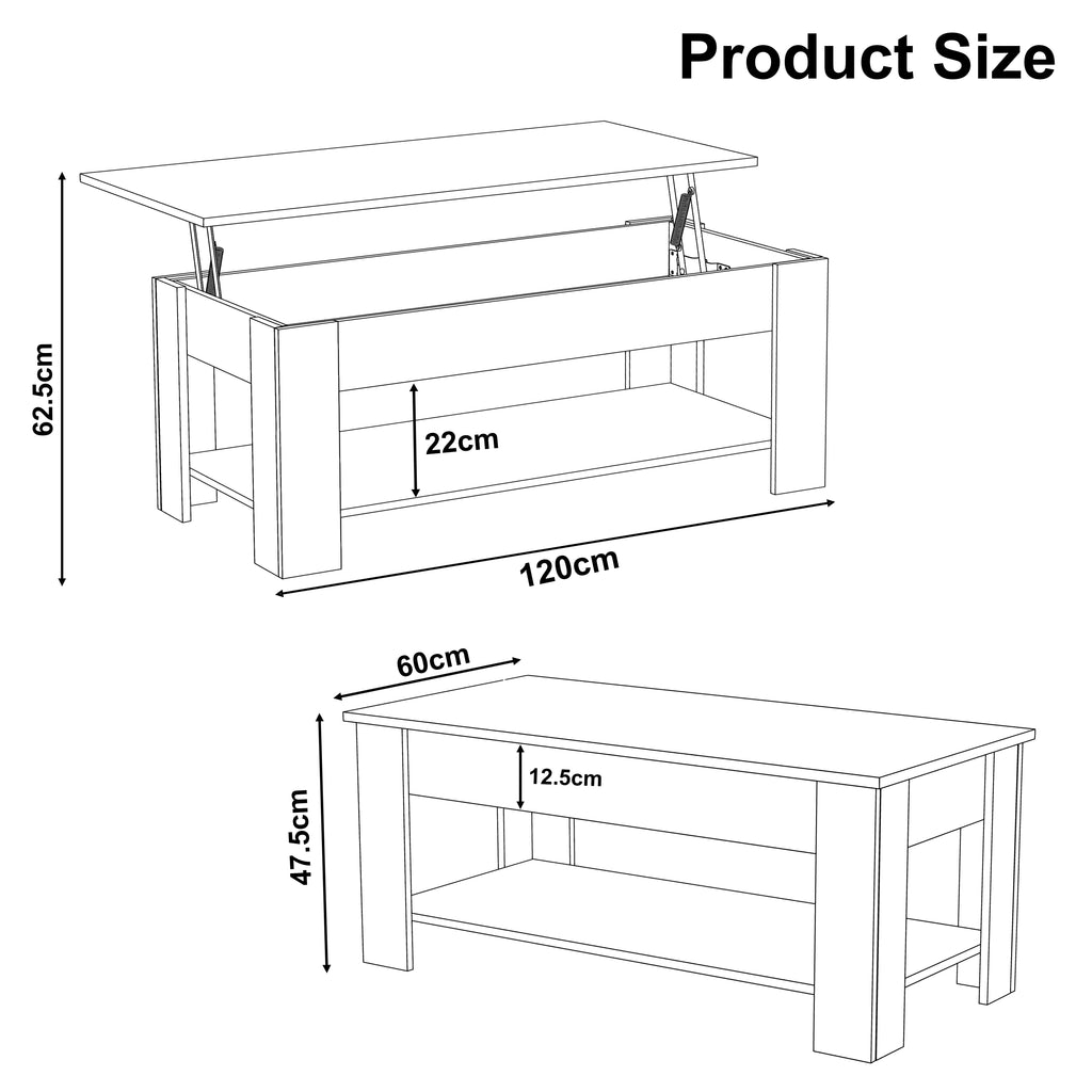 Table basse de rangement avec plateau relevable | Table basse moderne relevable de 120 cm de large