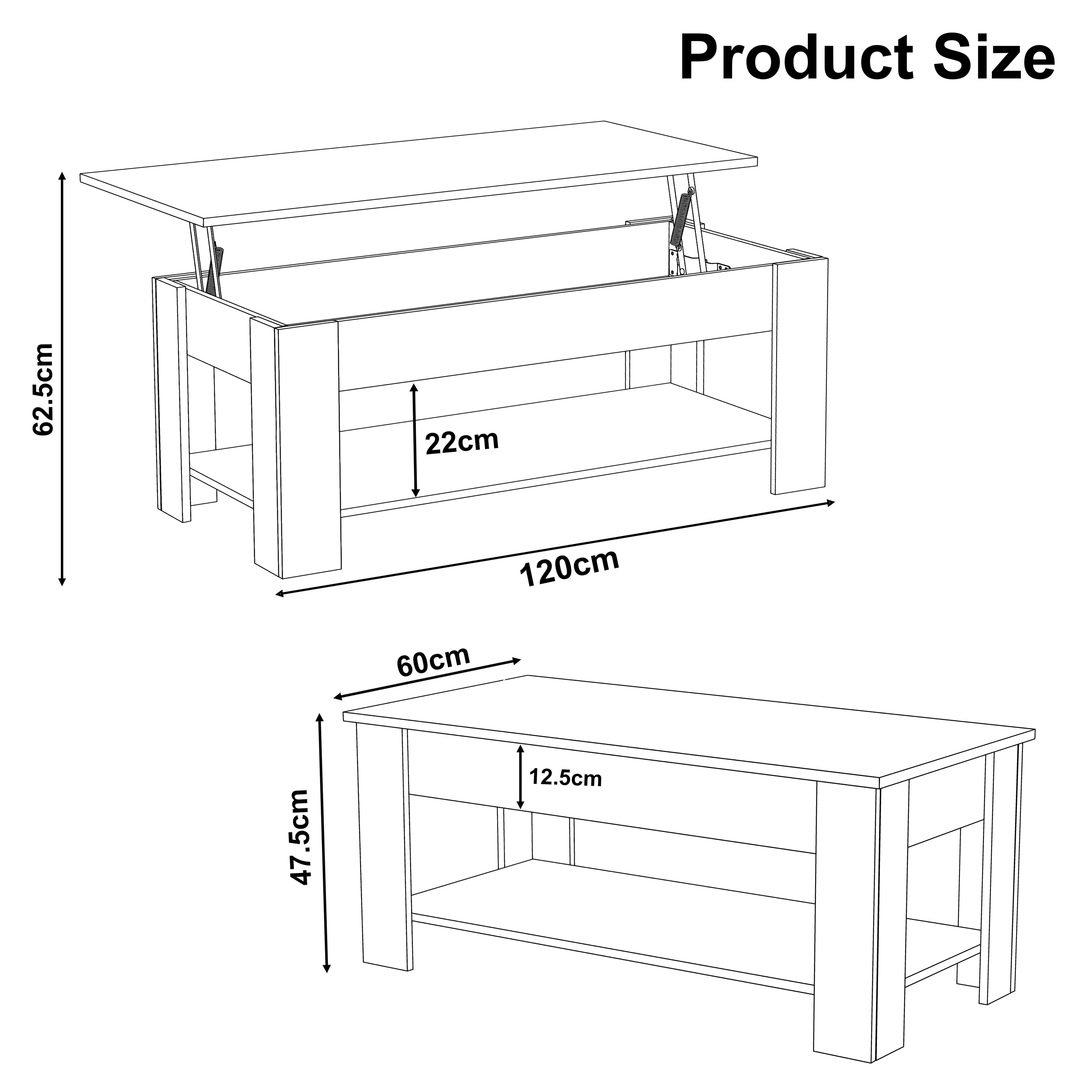 Table basse de rangement avec plateau relevable | Table basse moderne relevable de 120 cm de large