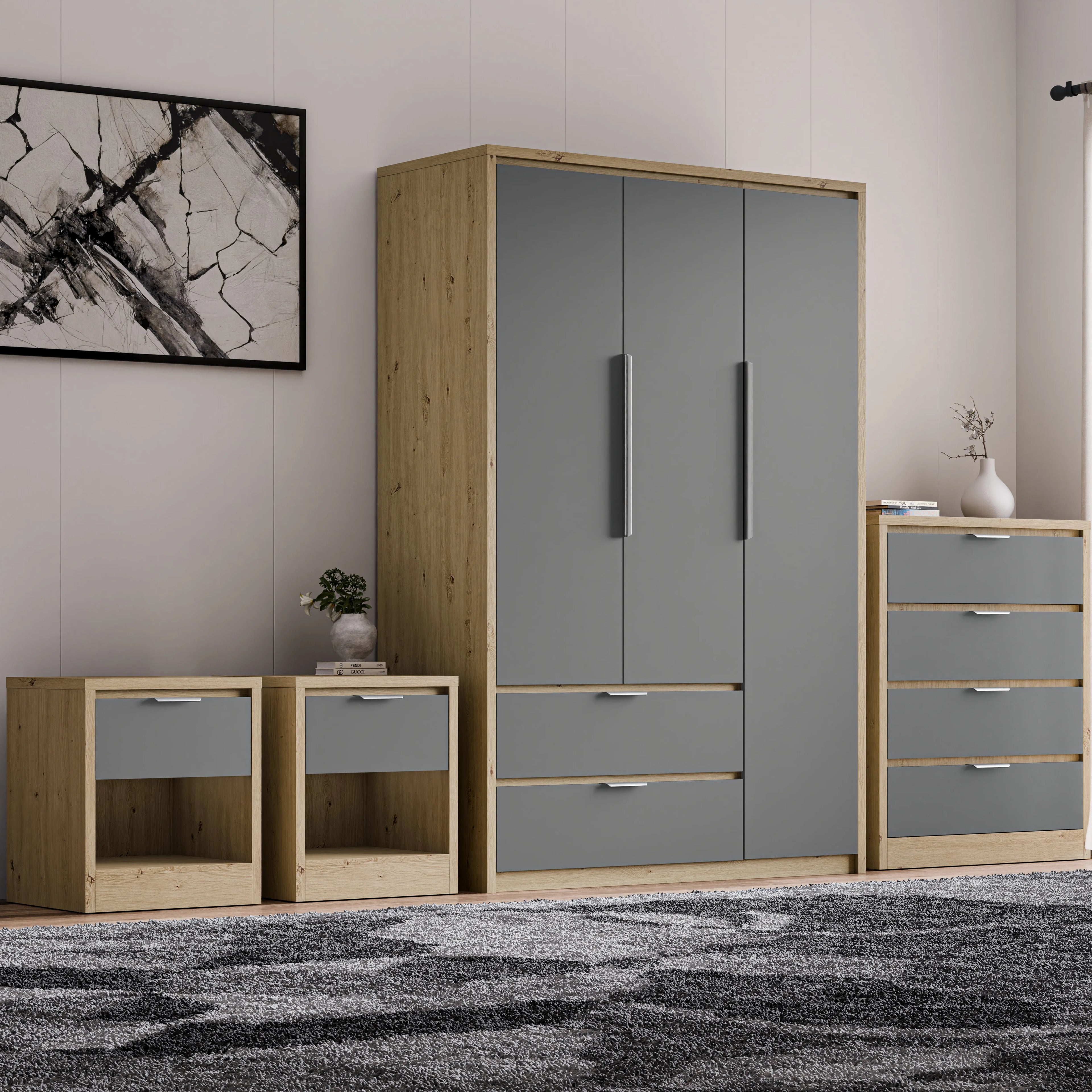 Skova 4 Piece Bedroom Set - Wardrobe and Chest of Drawers