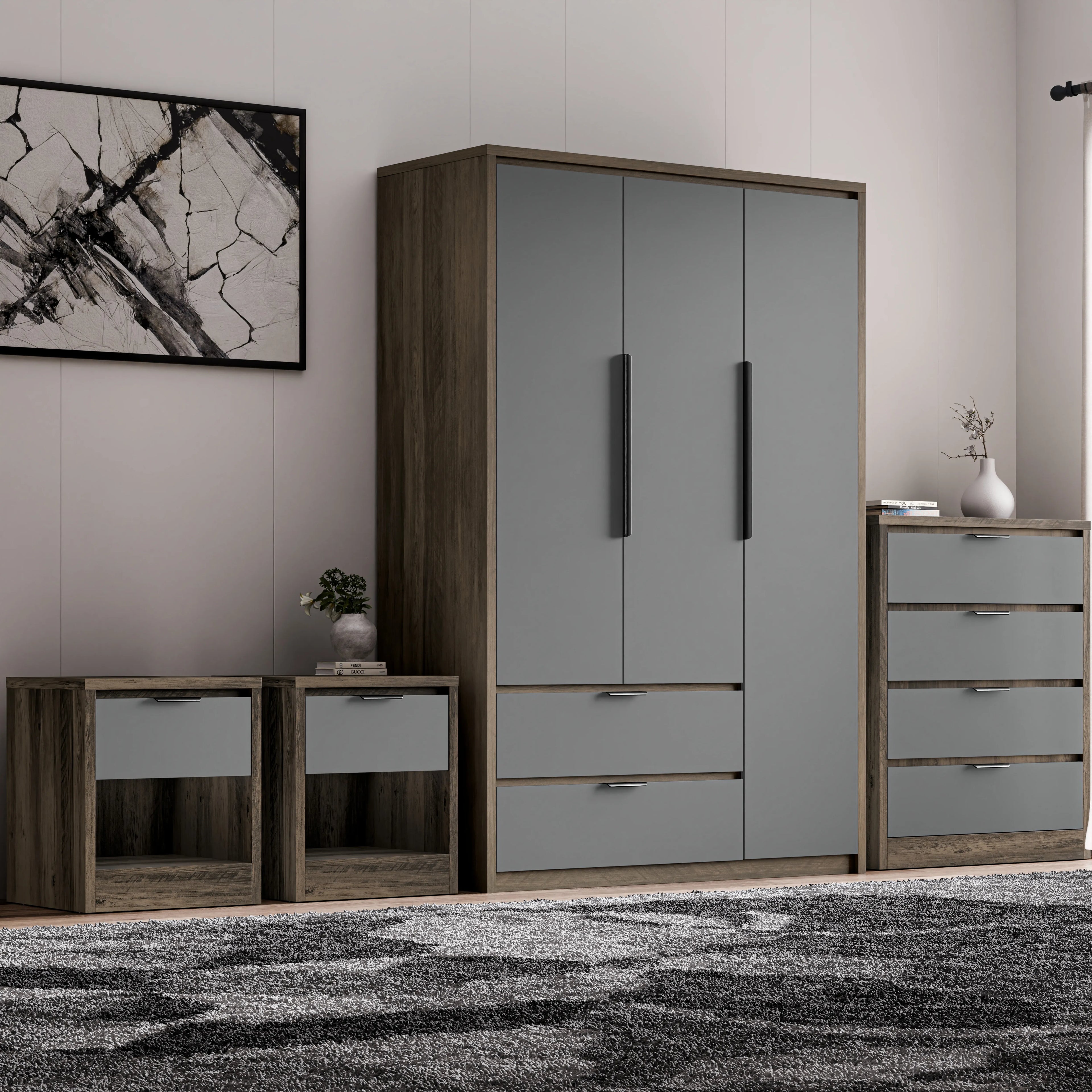 Skova 4 Piece Bedroom Set - Wardrobe and Chest of Drawers