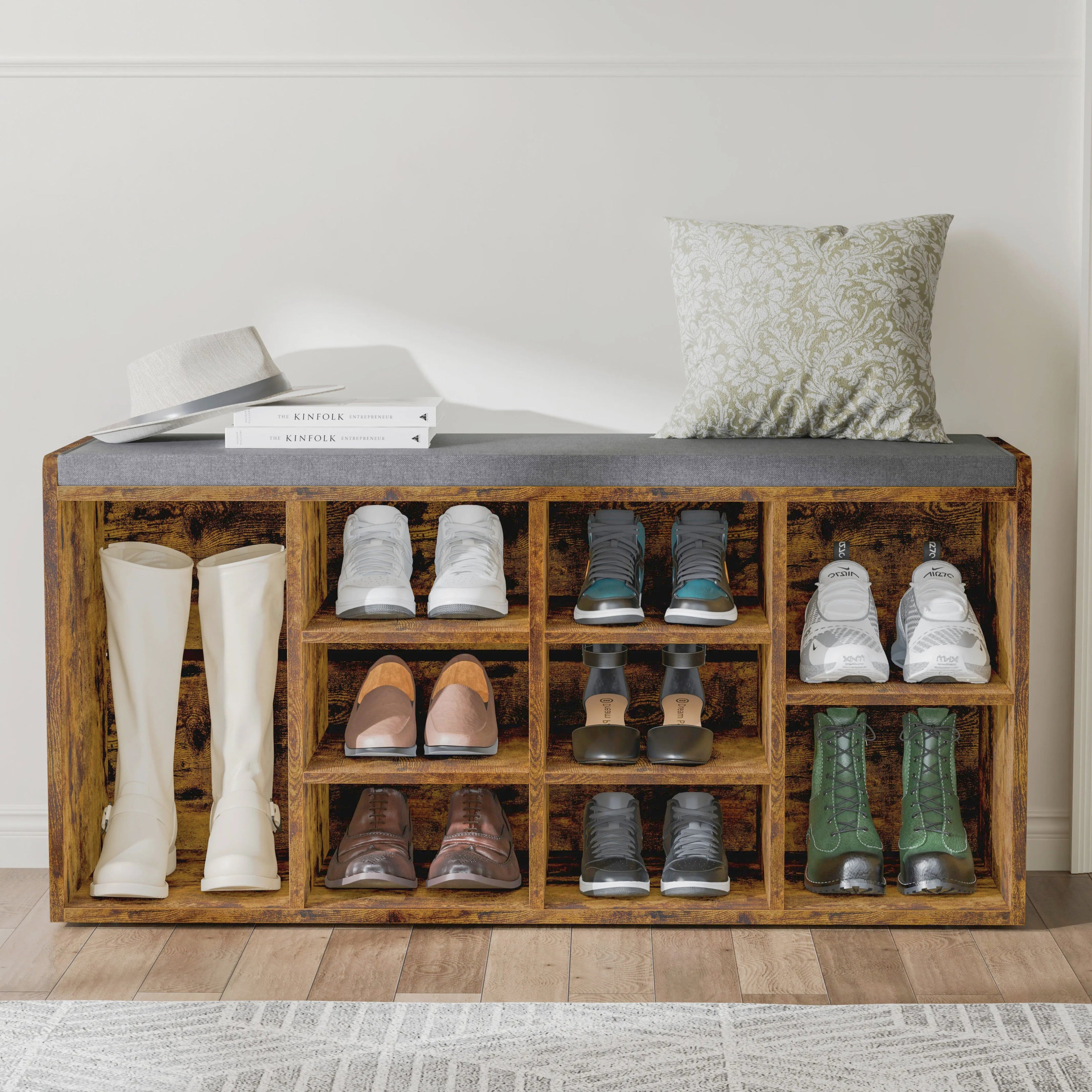 Shoe Storage Bench with Cushion - Shoe Rack Cabinet Hallway