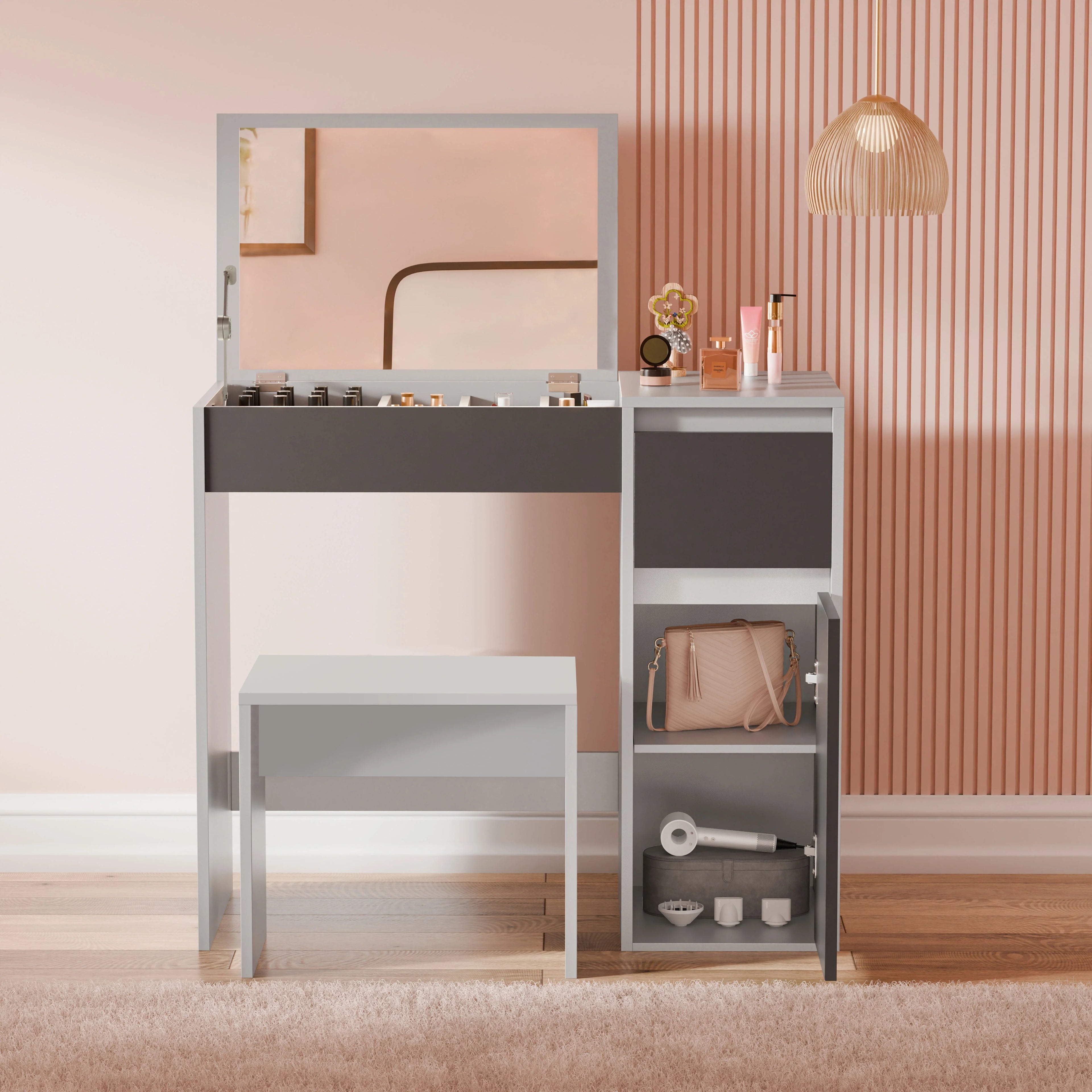 Coiffeuse avec miroir et rangement - Meuble de maquillage pour filles