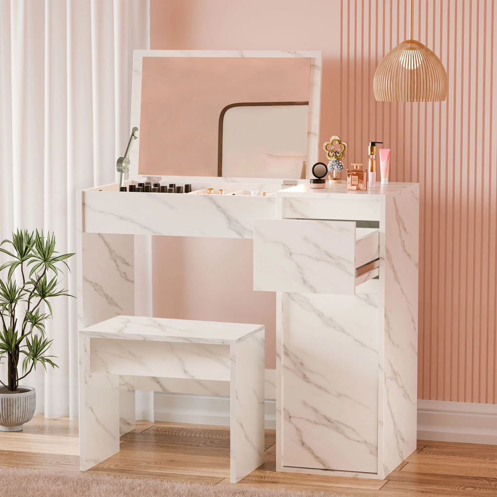 Coiffeuse avec miroir et rangement - Meuble de maquillage pour filles