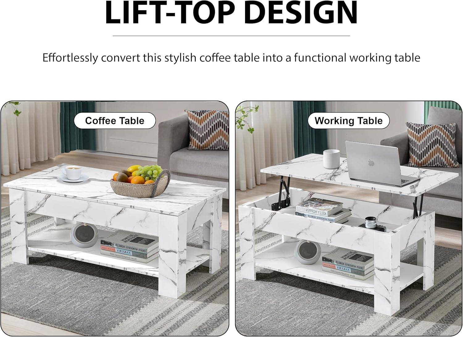 Table basse de rangement avec plateau relevable | Table basse moderne relevable de 120 cm de large