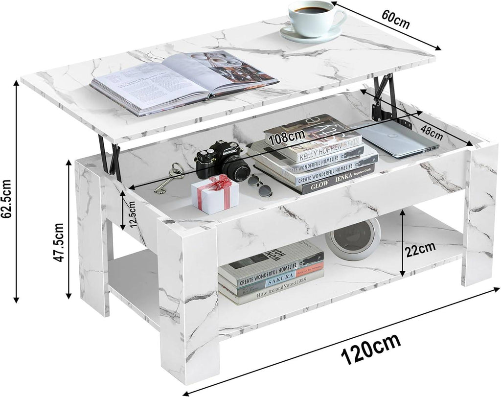 Table basse de rangement avec plateau relevable | Table basse moderne relevable de 120 cm de large