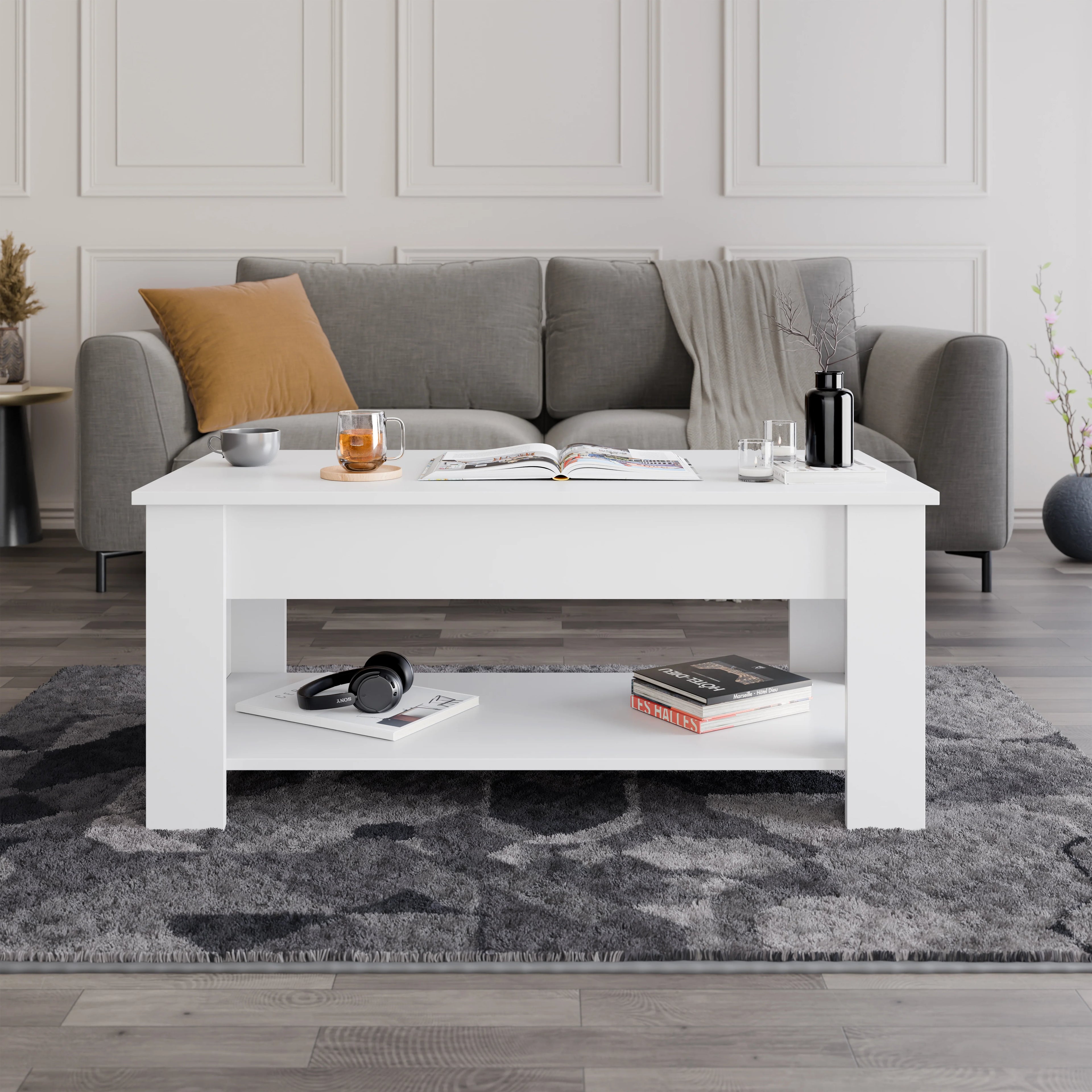 Table basse de rangement avec plateau relevable | Table basse moderne relevable de 120 cm de large
