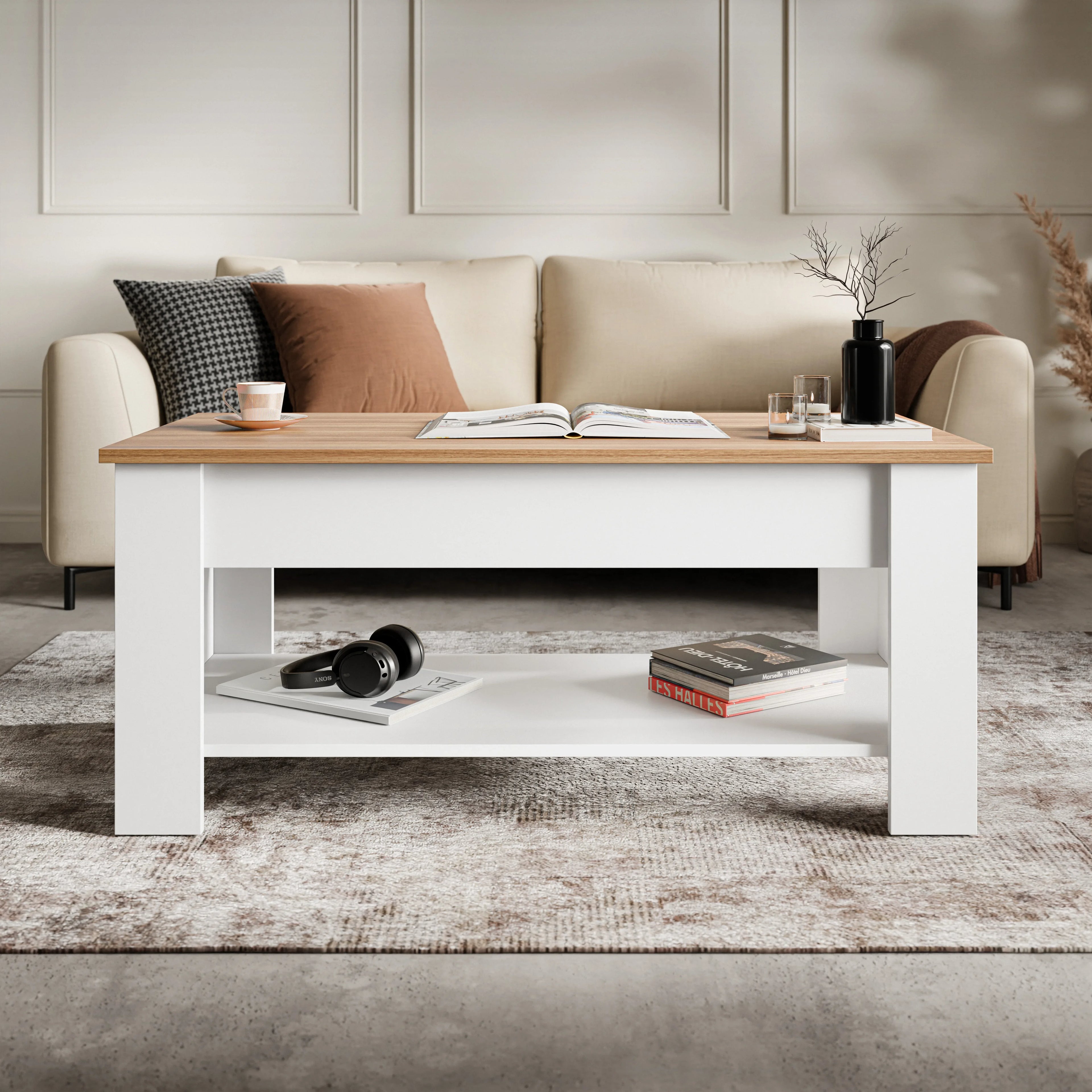 Table basse de rangement avec plateau relevable | Table basse moderne relevable de 120 cm de large