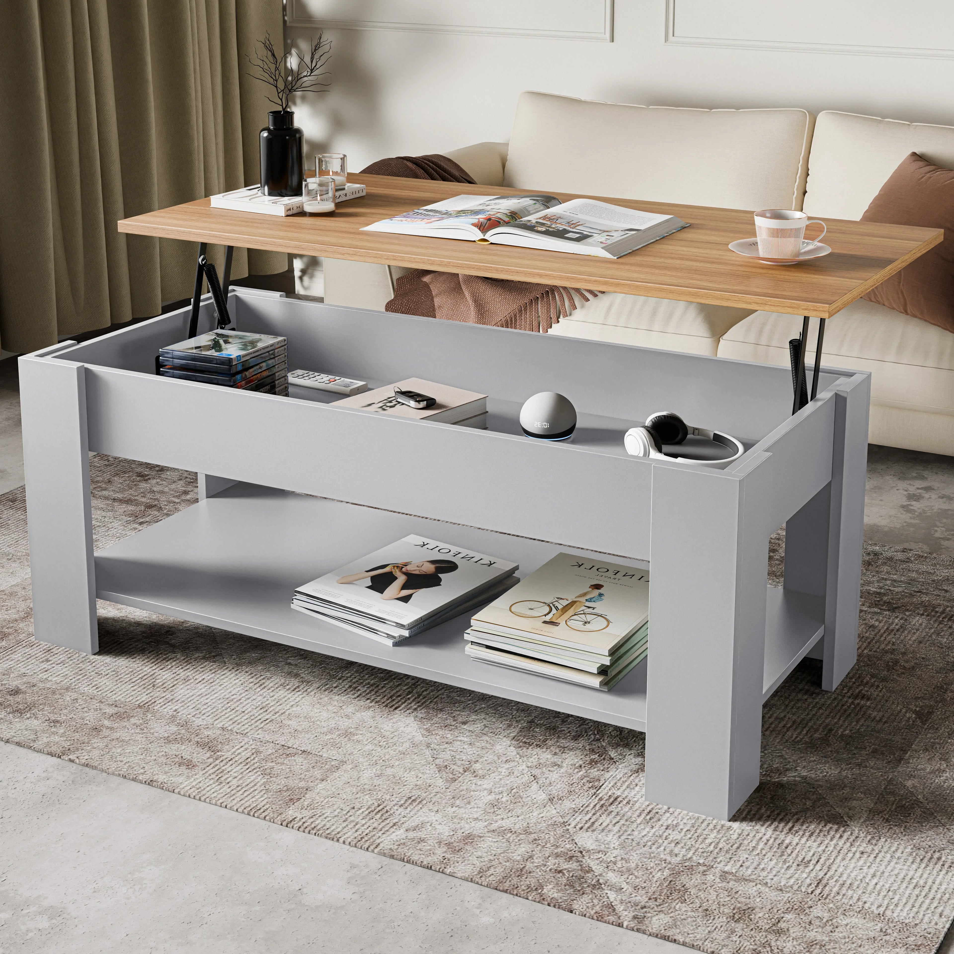 Table basse de rangement avec plateau relevable | Table basse moderne relevable de 120 cm de large