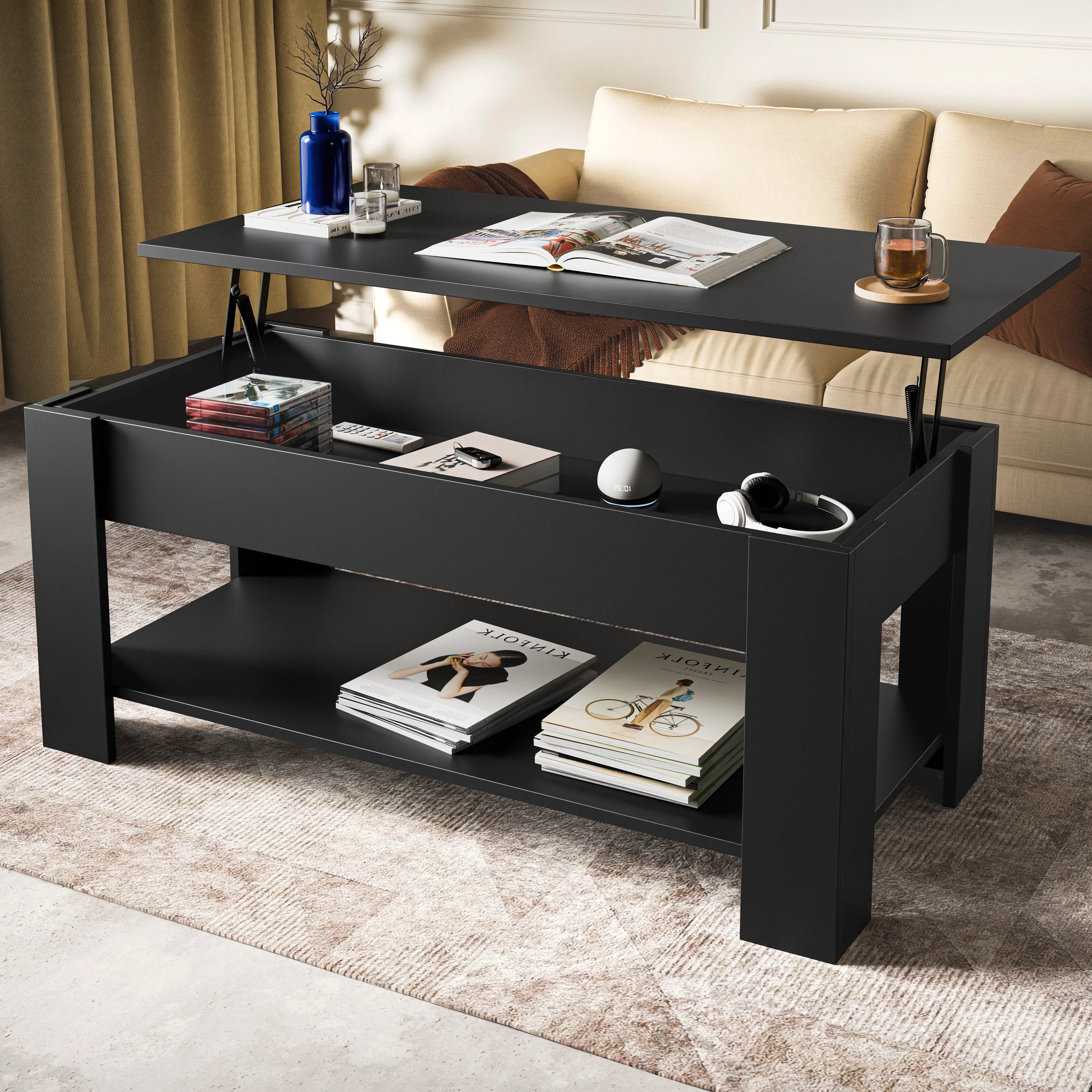 Table basse de rangement avec plateau relevable | Table basse moderne relevable de 120 cm de large
