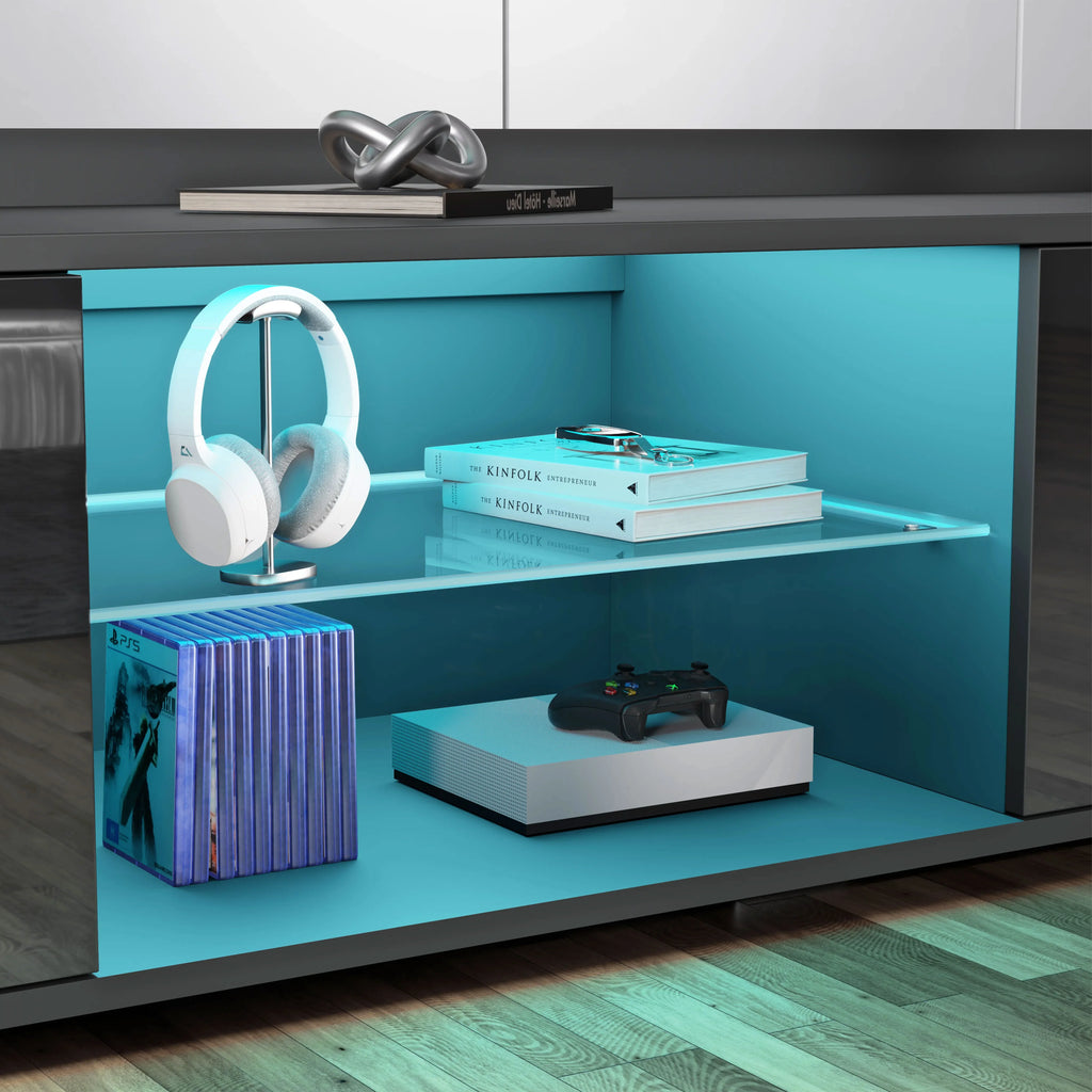 High Gloss TV Unit With LED Lights & 2 Door Storage Cabinets - 160cm