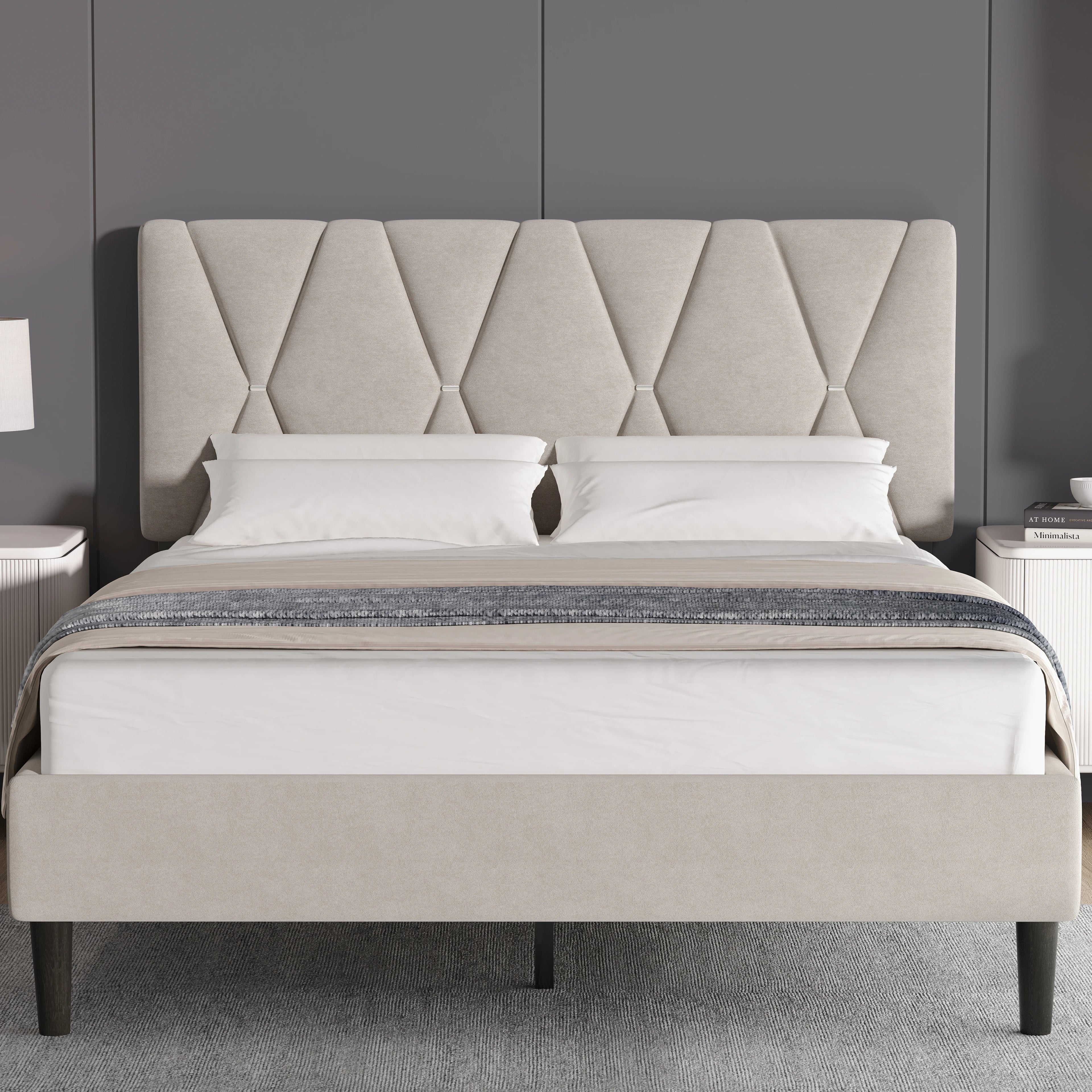 Cadre de lit double en velours avec tête de lit rembourrée, format king size