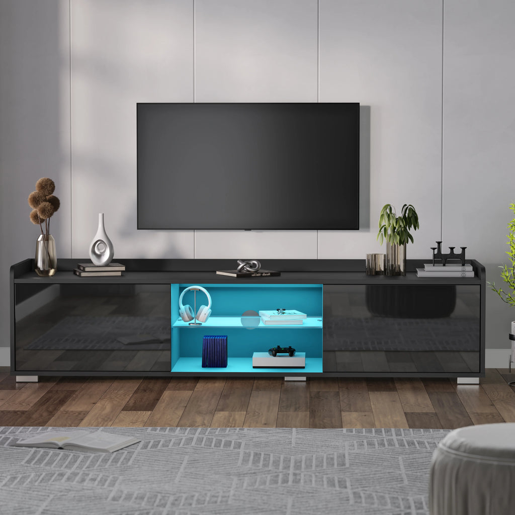 High Gloss TV Unit With LED Lights & 2 Door Storage Cabinets - 160cm