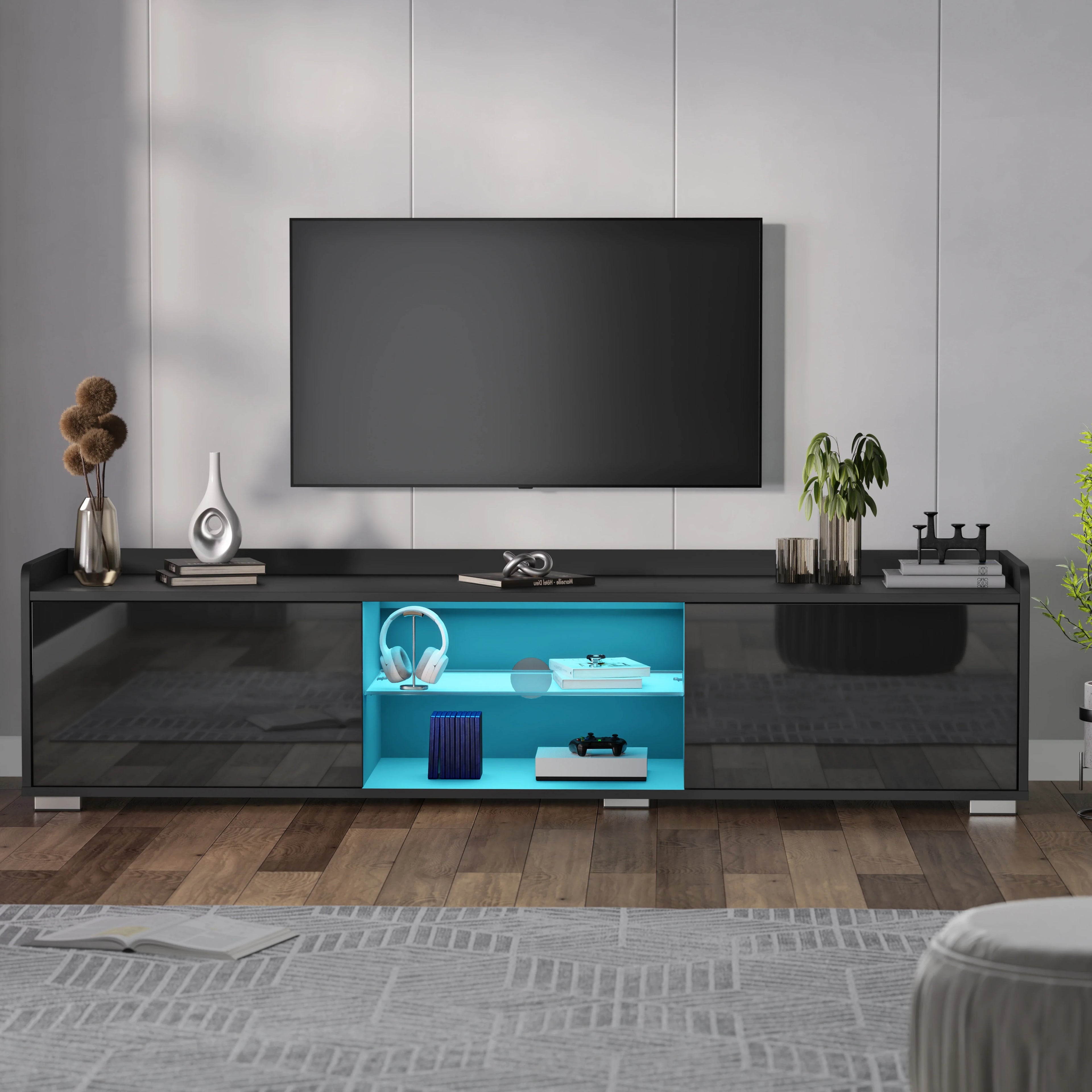 High Gloss TV Unit With LED Lights & 2 Door Storage Cabinets - 160cm
