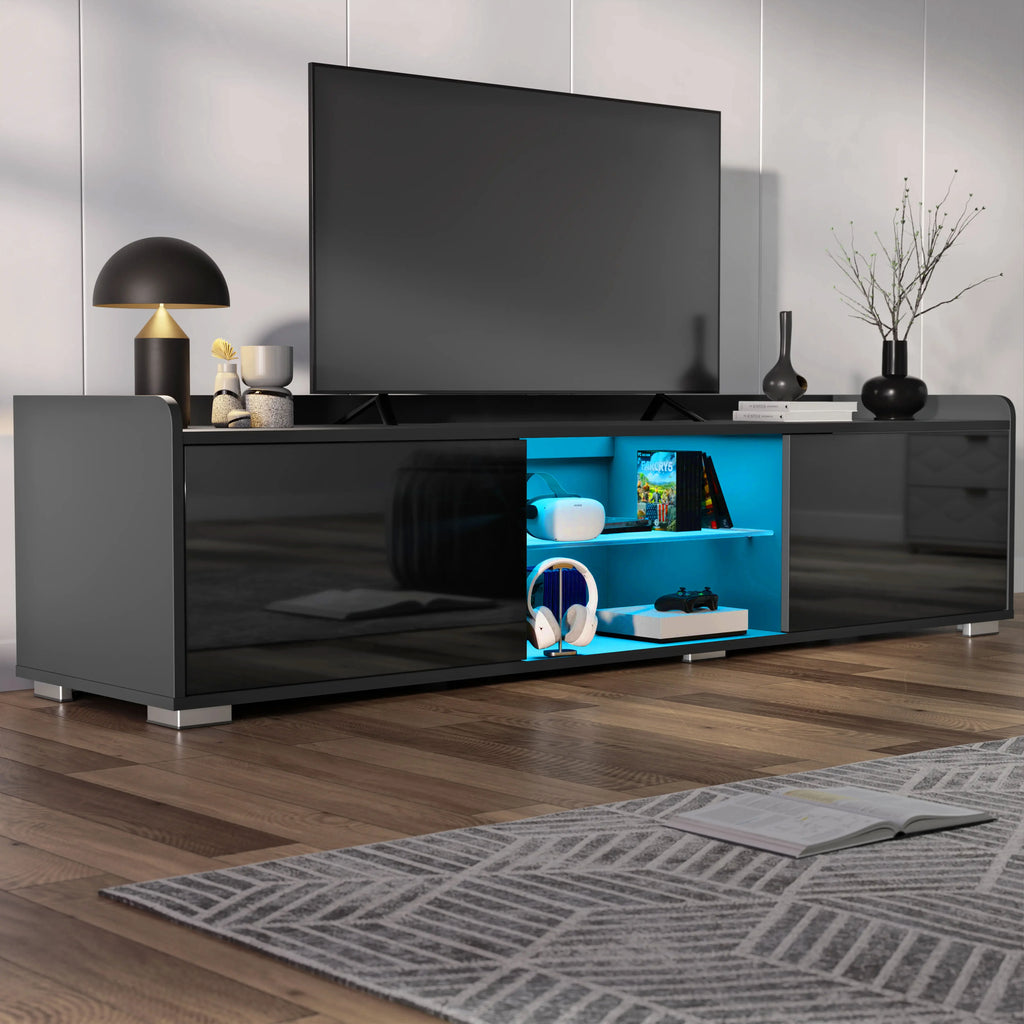 High Gloss TV Unit With LED Lights & 2 Door Storage Cabinets - 160cm