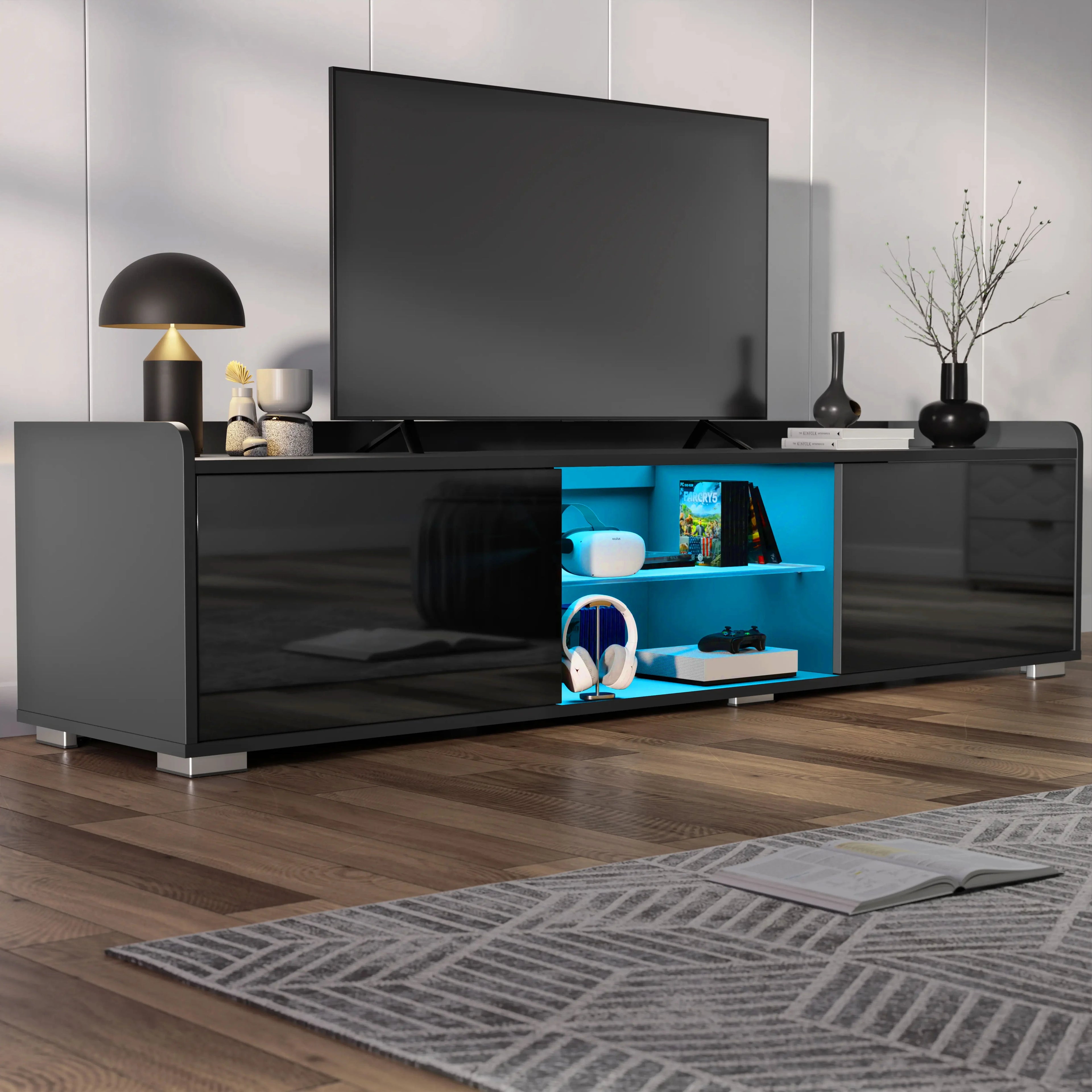 High Gloss TV Unit With LED Lights & 2 Door Storage Cabinets - 160cm