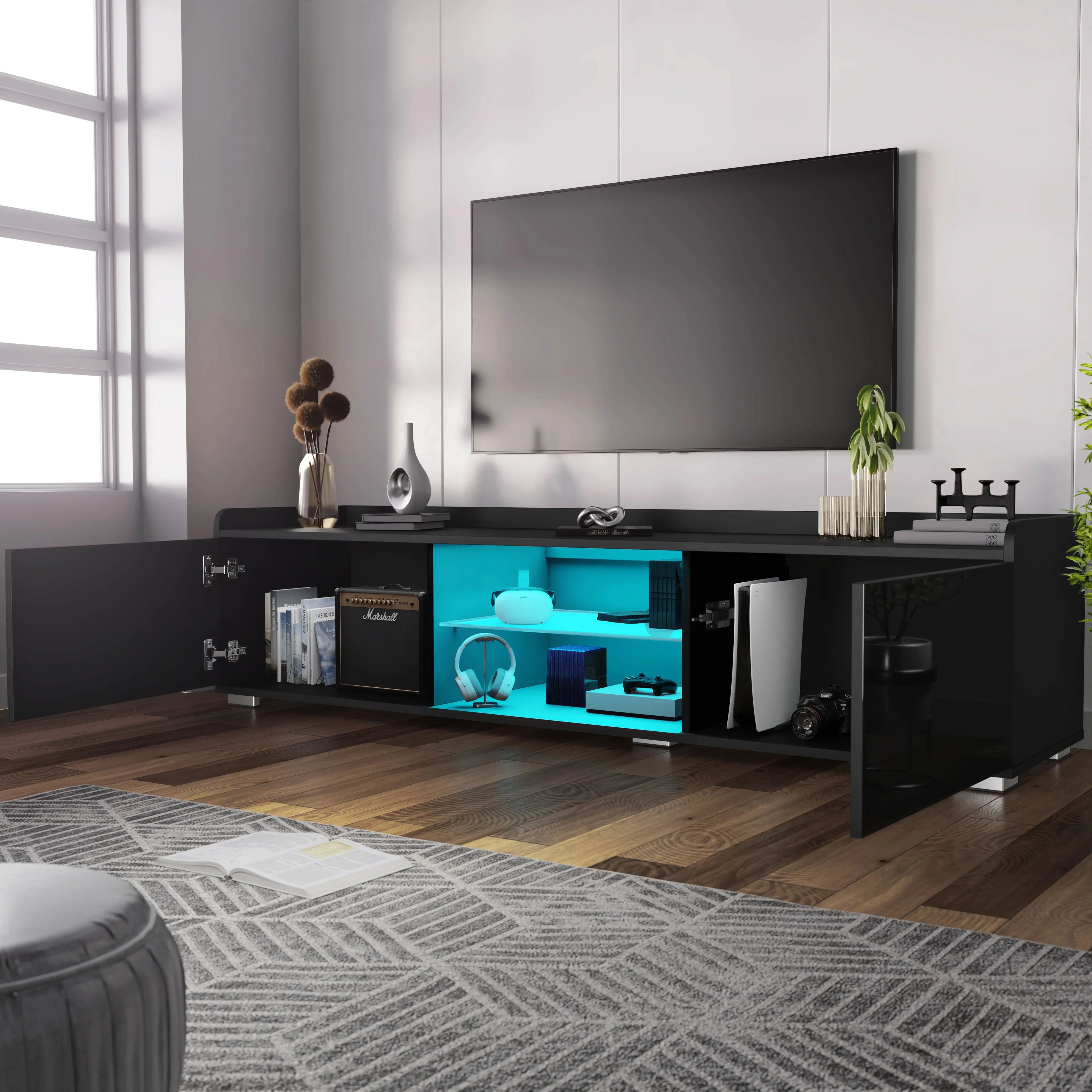 High Gloss TV Unit With LED Lights & 2 Door Storage Cabinets - 160cm