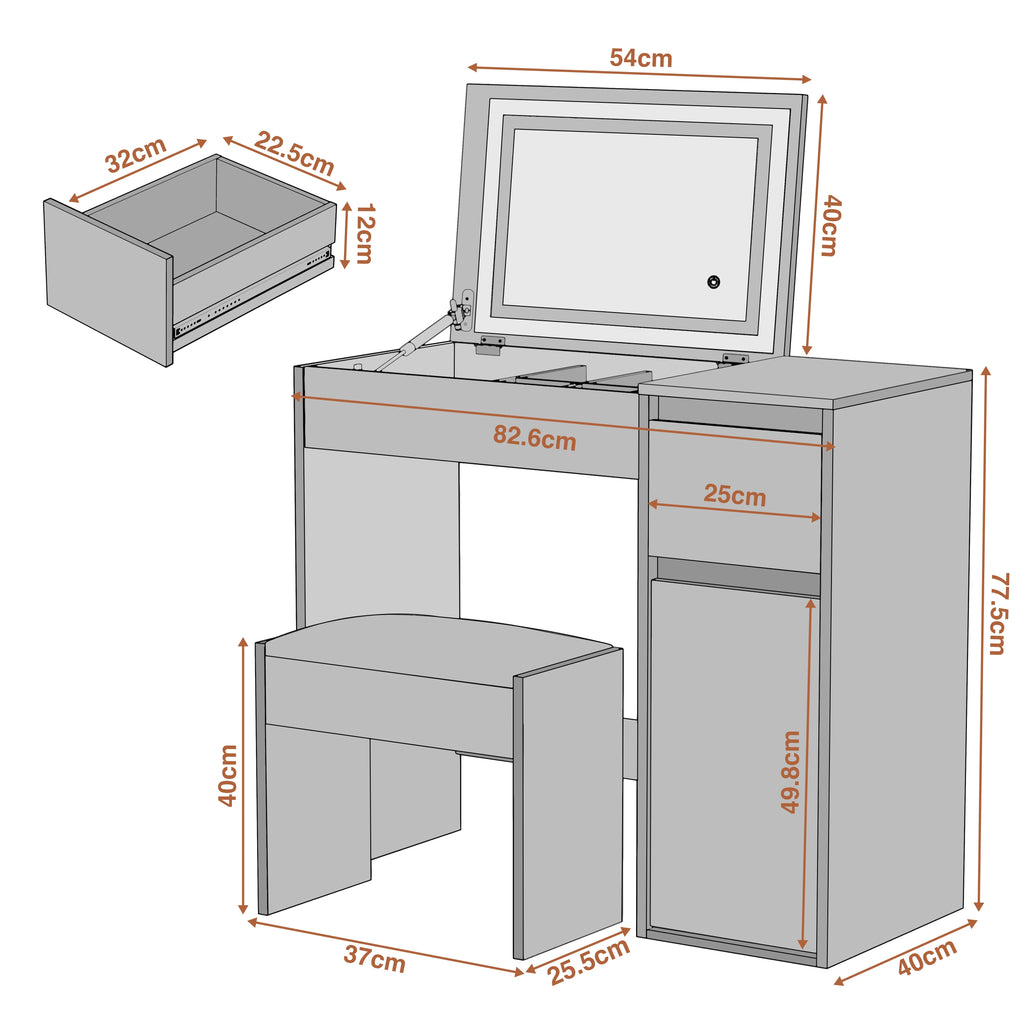 Petite coiffeuse avec miroir, éclairage et tabouret