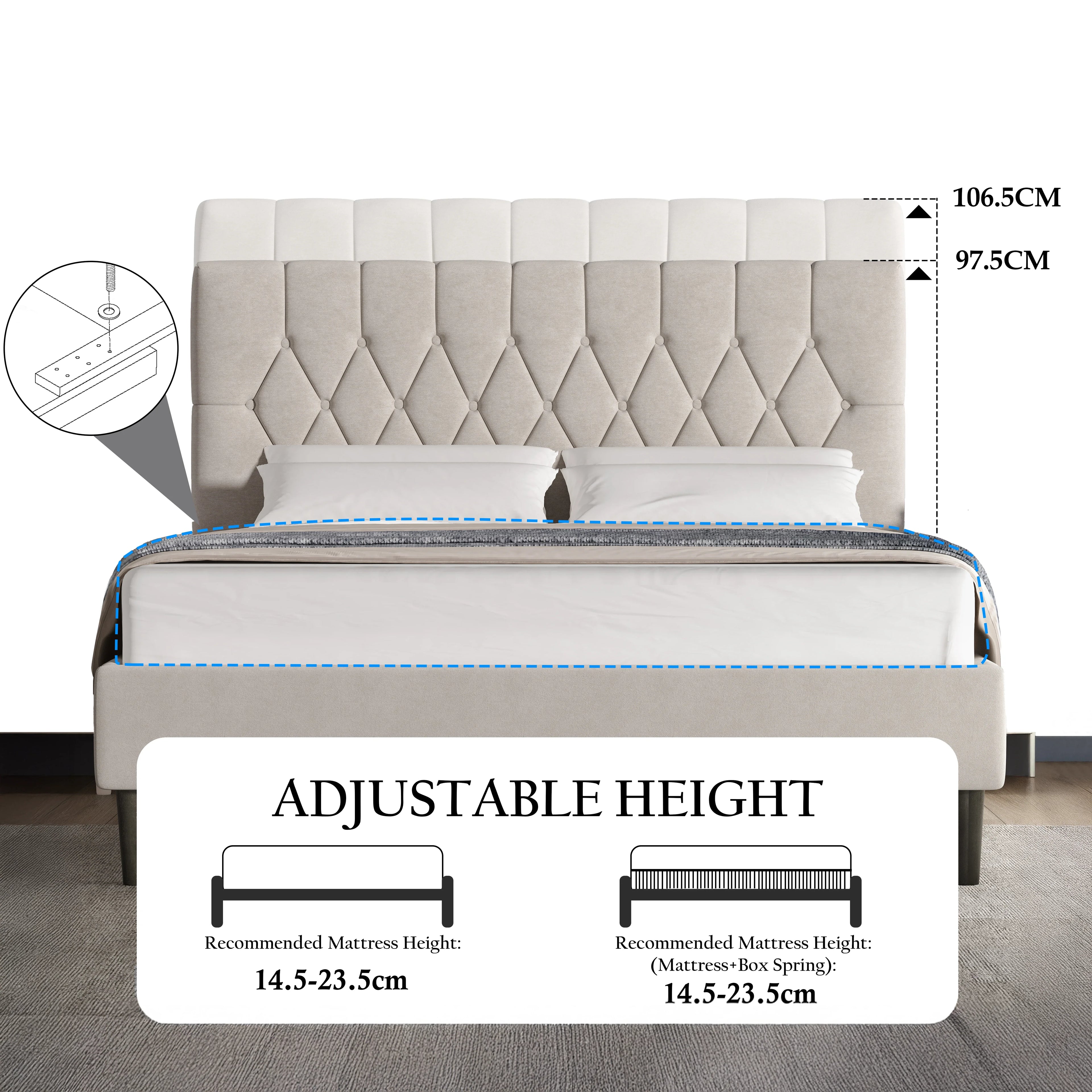 Velvet Bed Frame Double & King Size with Adjustable Headboard