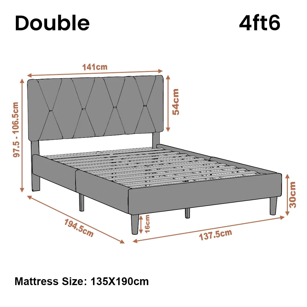 Velvet Double Bed Frame with Headboard Upholstered King Size Bed Frame