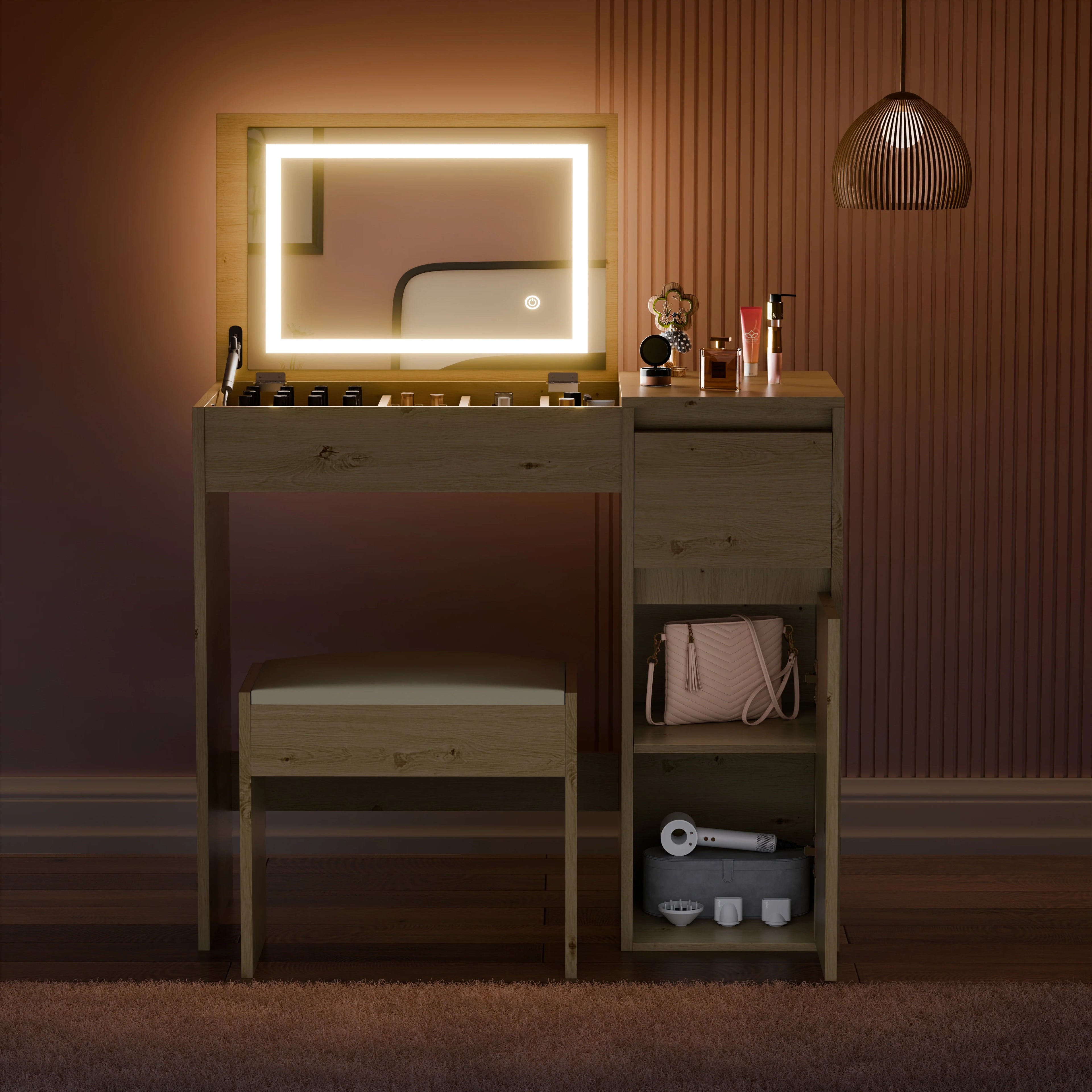 Petite coiffeuse avec miroir, éclairage et tabouret