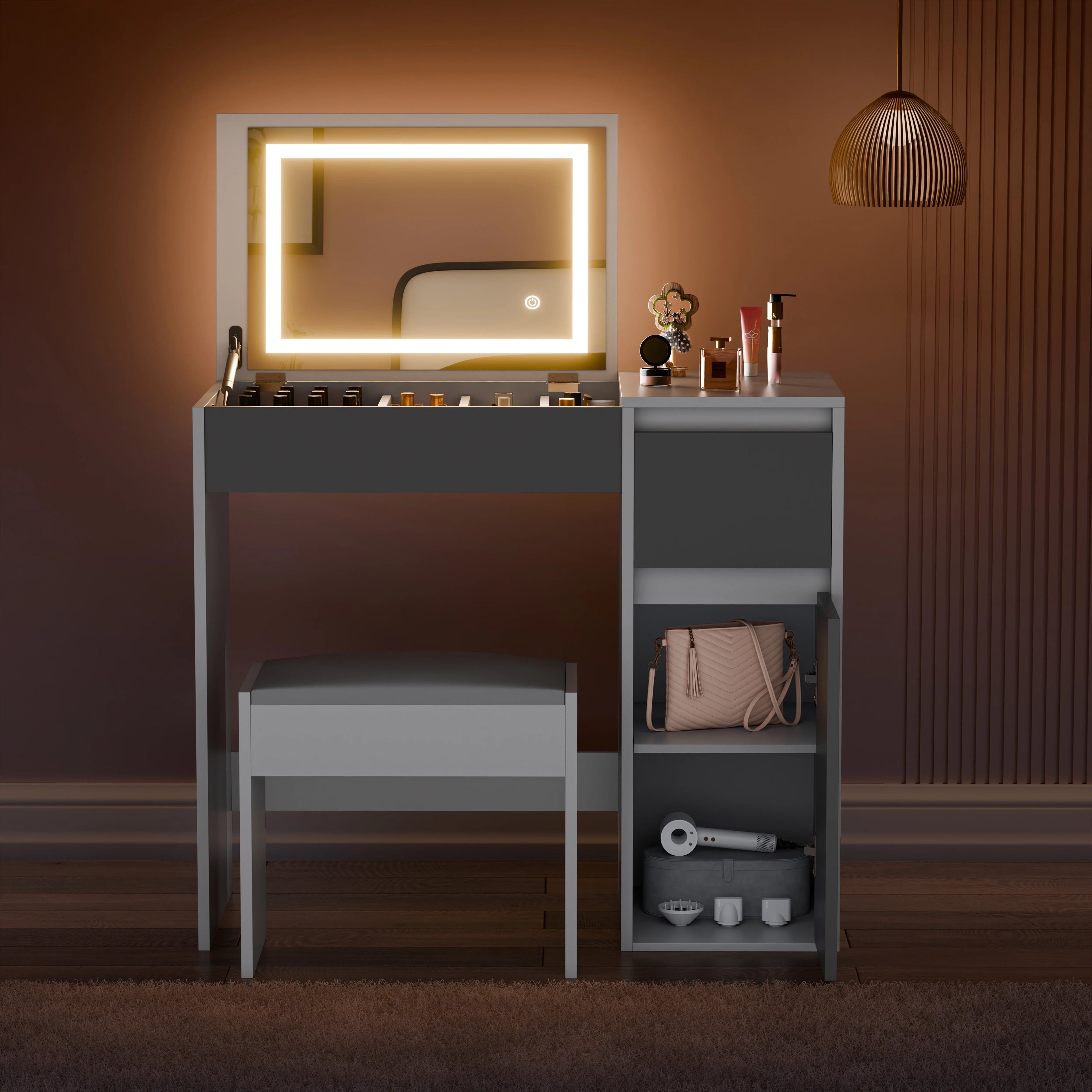 Small Dressing Table with Mirror and Lights, Stool -Makeup Vanity Desk