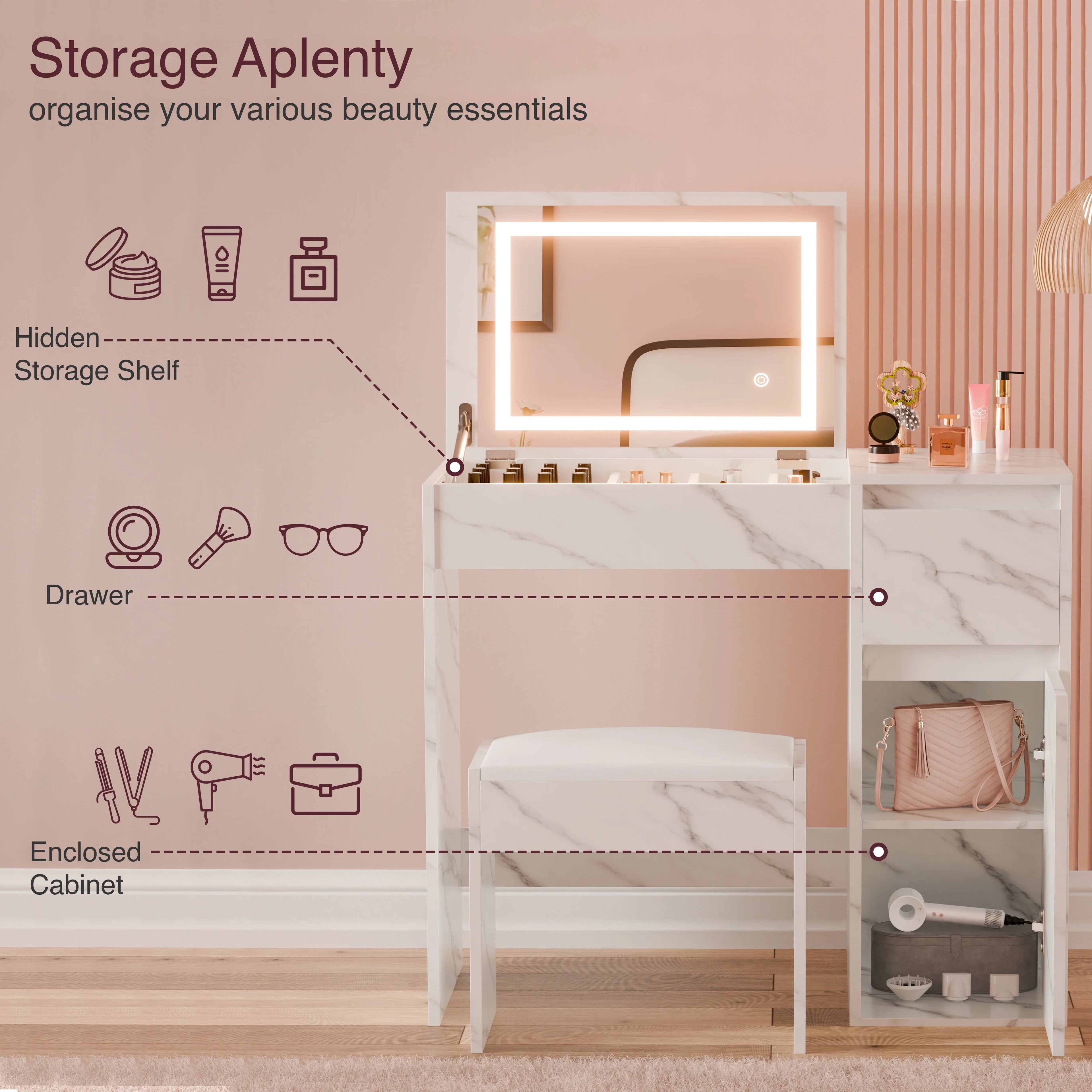 Petite coiffeuse avec miroir, éclairage et tabouret