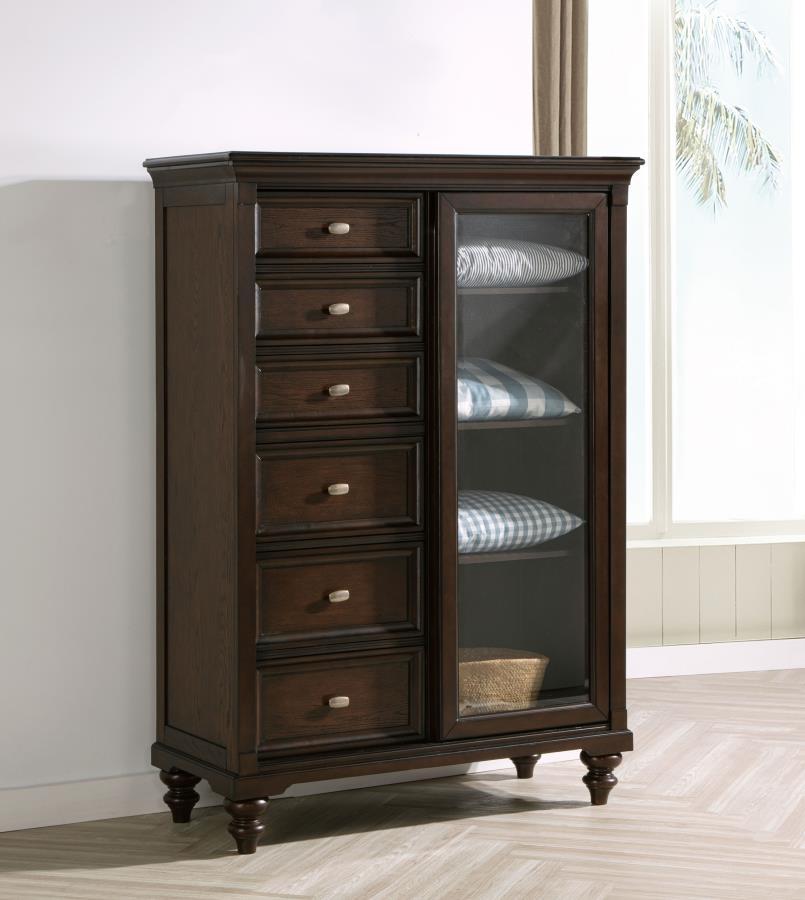 Andover - Commode 6 tiroirs en verre trempé - Chêne foncé