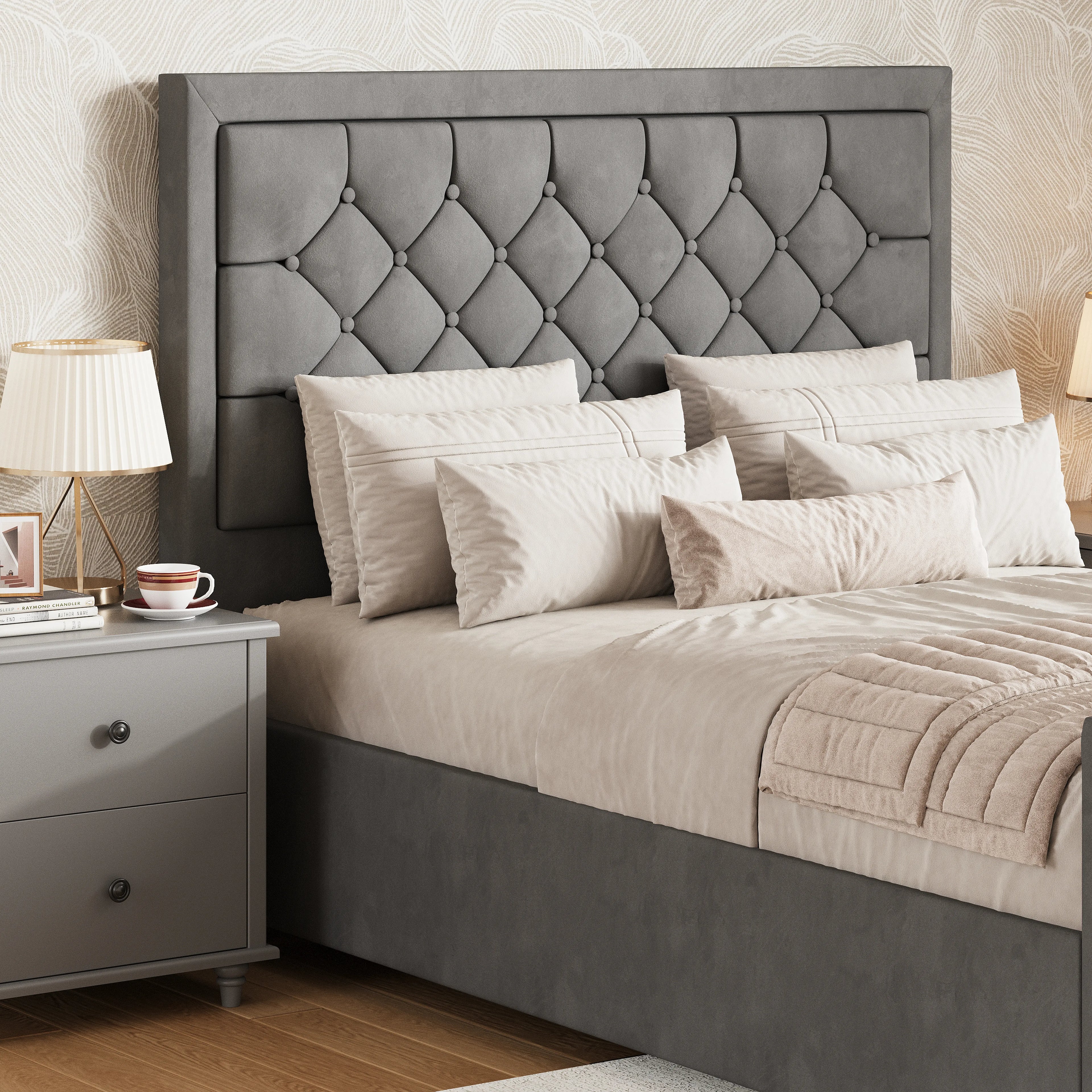 Lit coffre ottoman à dossier croisé - Cadre de lit ottoman en velours