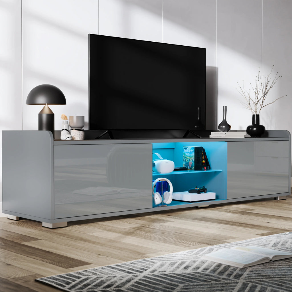 High Gloss TV Unit With LED Lights & 2 Door Storage Cabinets - 160cm