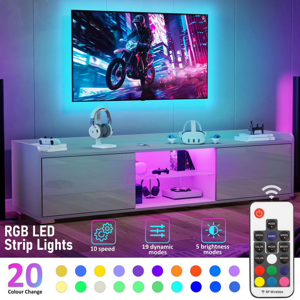 High Gloss TV Unit With LED Lights & 2 Door Storage Cabinets - 160cm