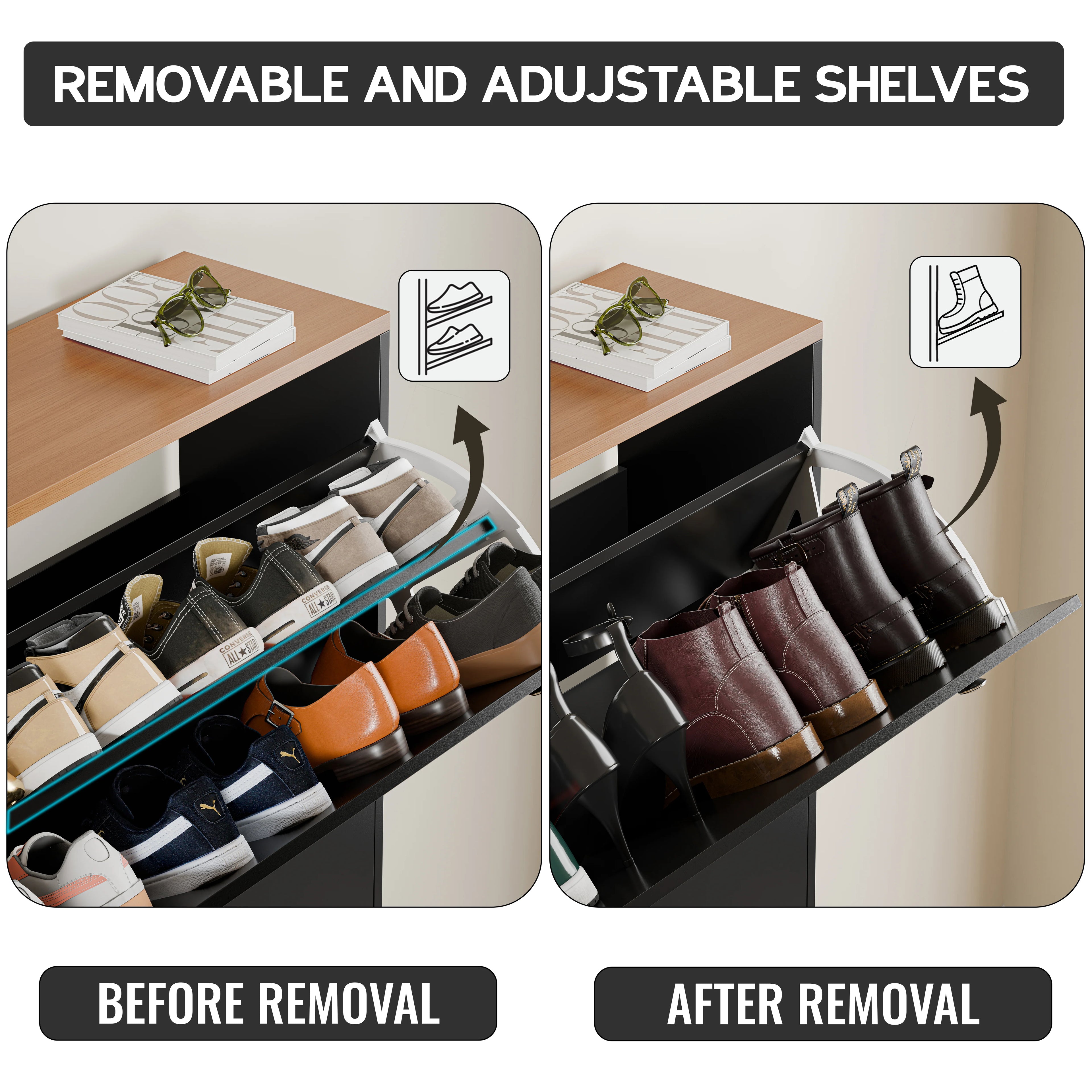 Meuble à chaussures étroit à 3 portes | Rangement à chaussures haut avec crochets