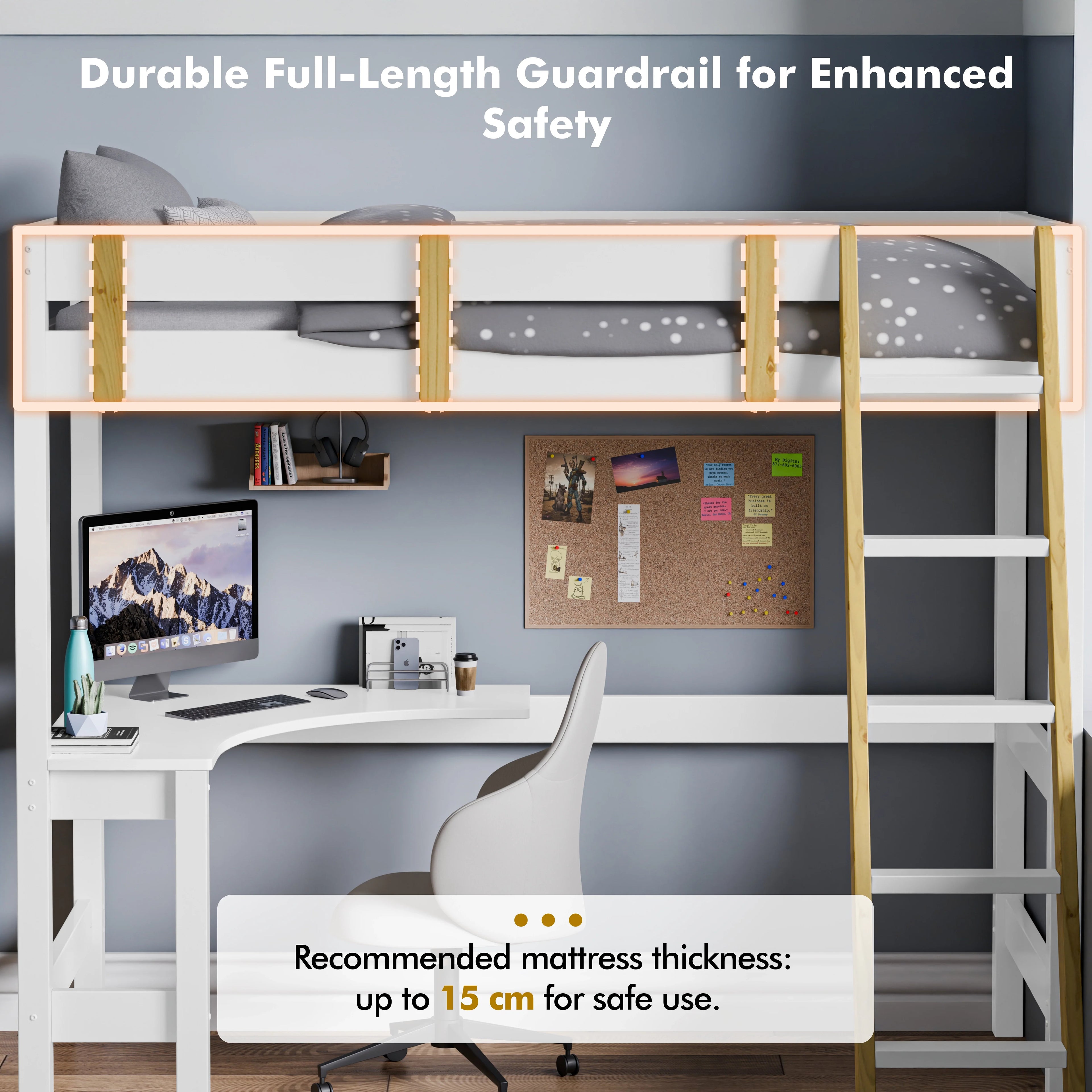 Lit superposé avec bureau - Cadre de lit mezzanine pour enfants