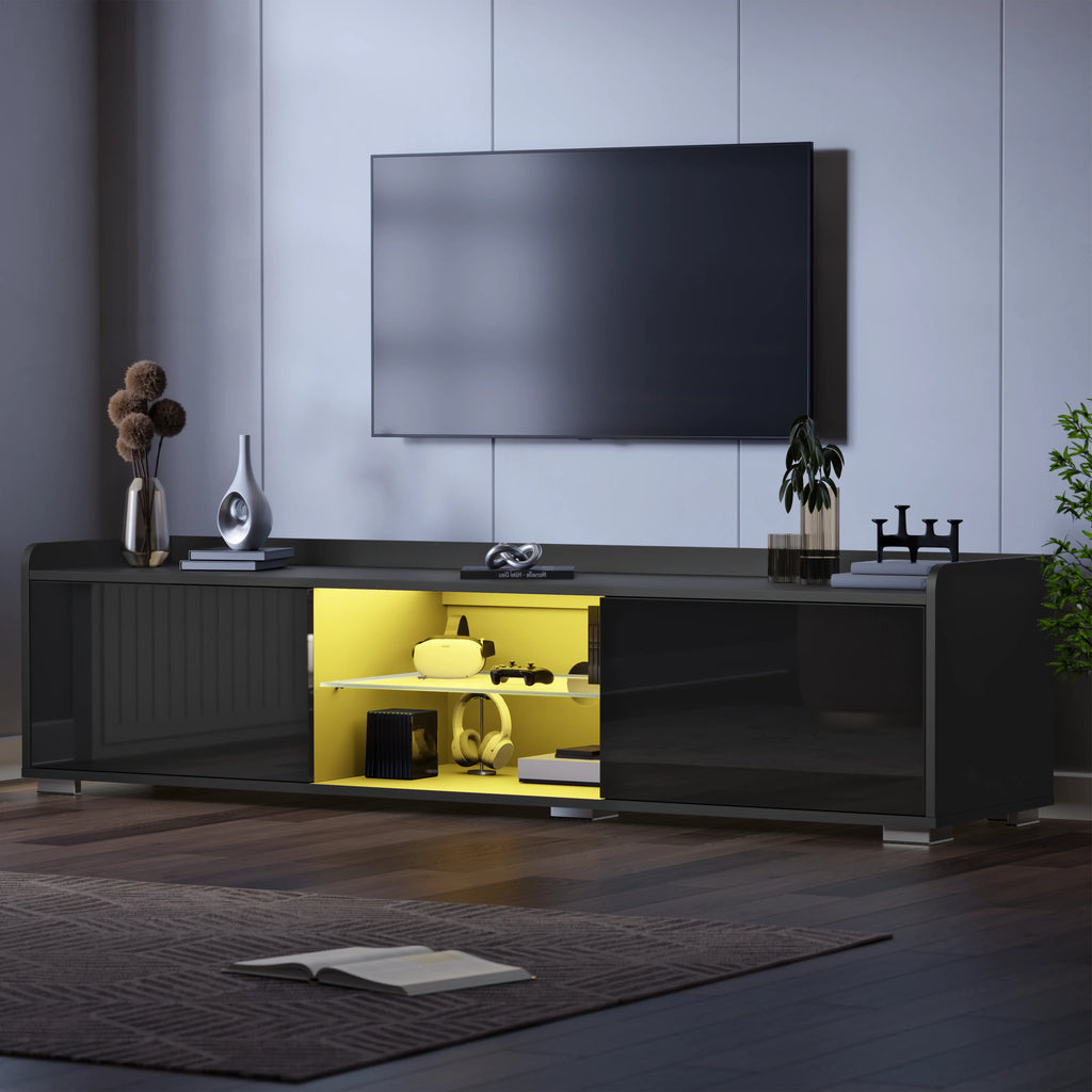 High Gloss TV Unit With LED Lights & 2 Door Storage Cabinets - 160cm