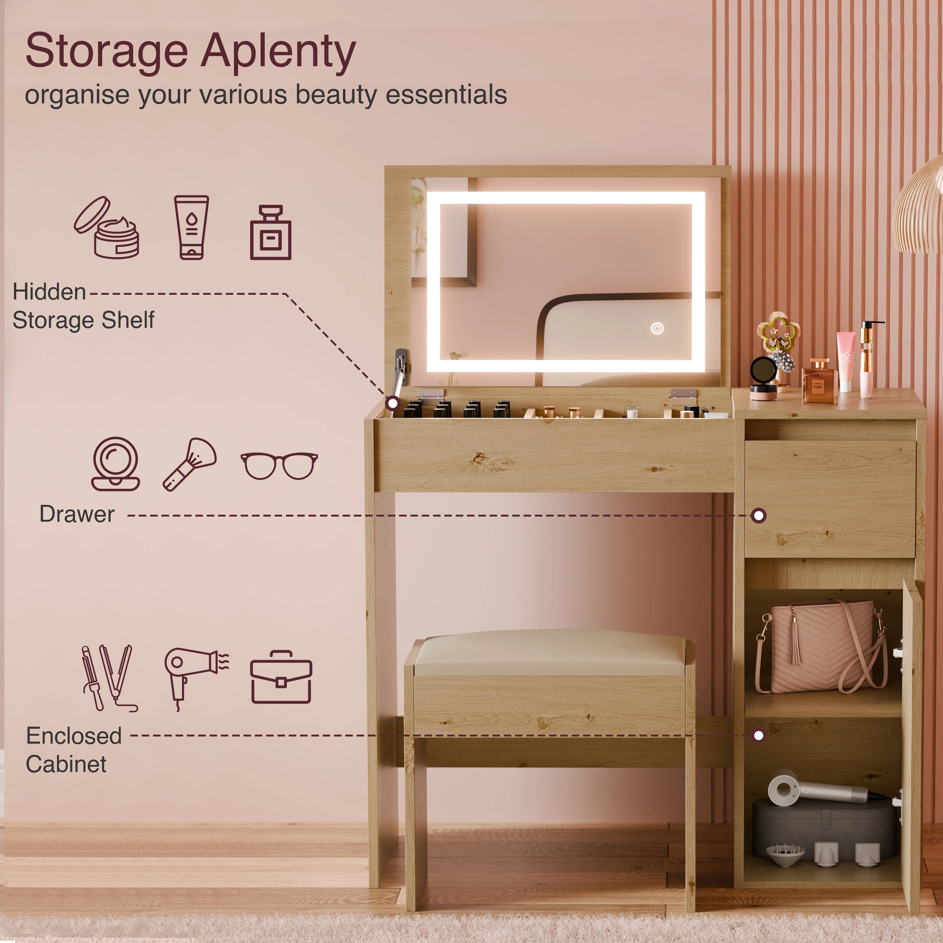 Petite coiffeuse avec miroir, éclairage et tabouret