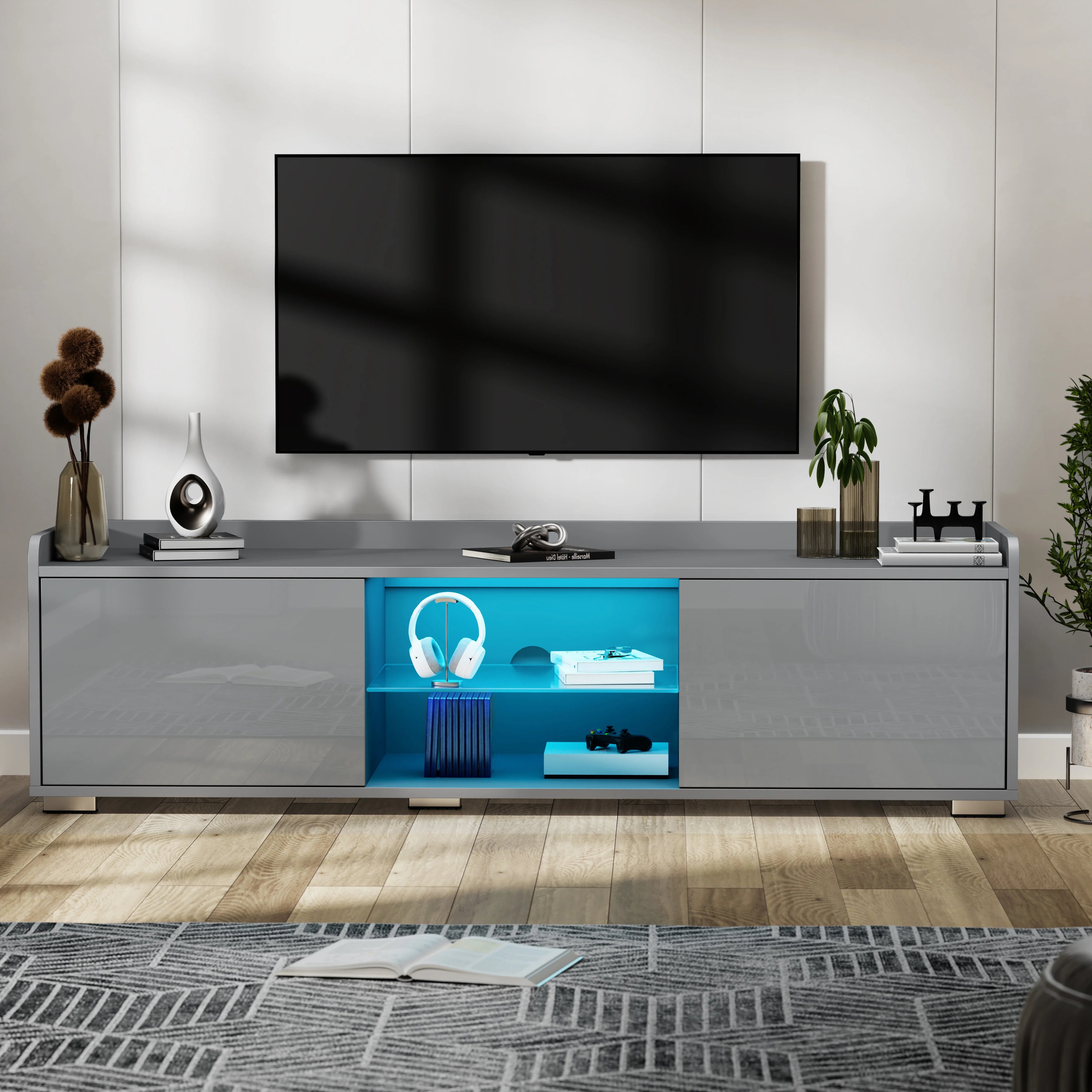 Meuble TV LED laqué brillant avec rangement - Meuble TV de salon 140 cm