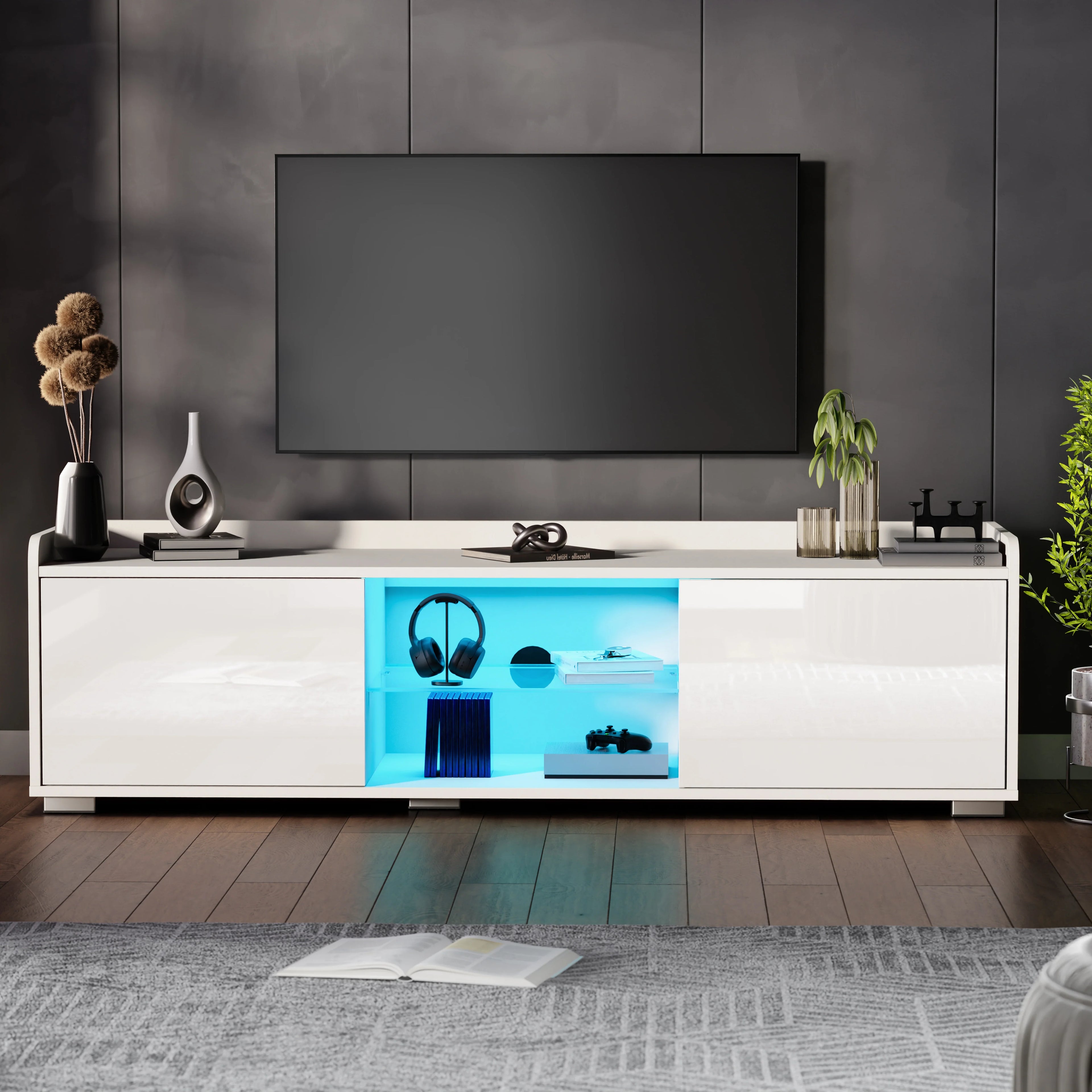High Gloss LED TV Unit with Storage - Living Room TV Cabinet 140cm