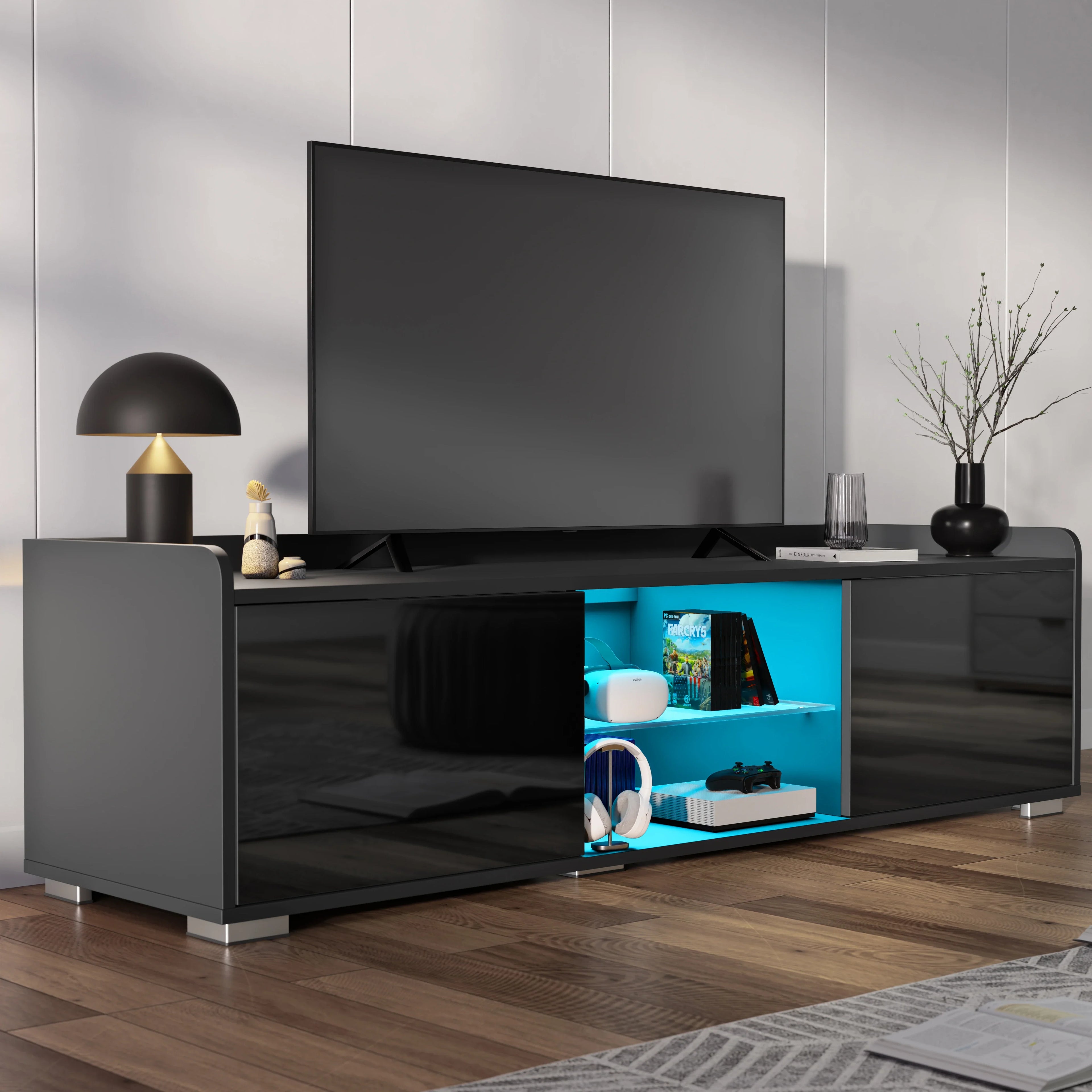 High Gloss LED TV Unit with Storage - Living Room TV Cabinet 140cm