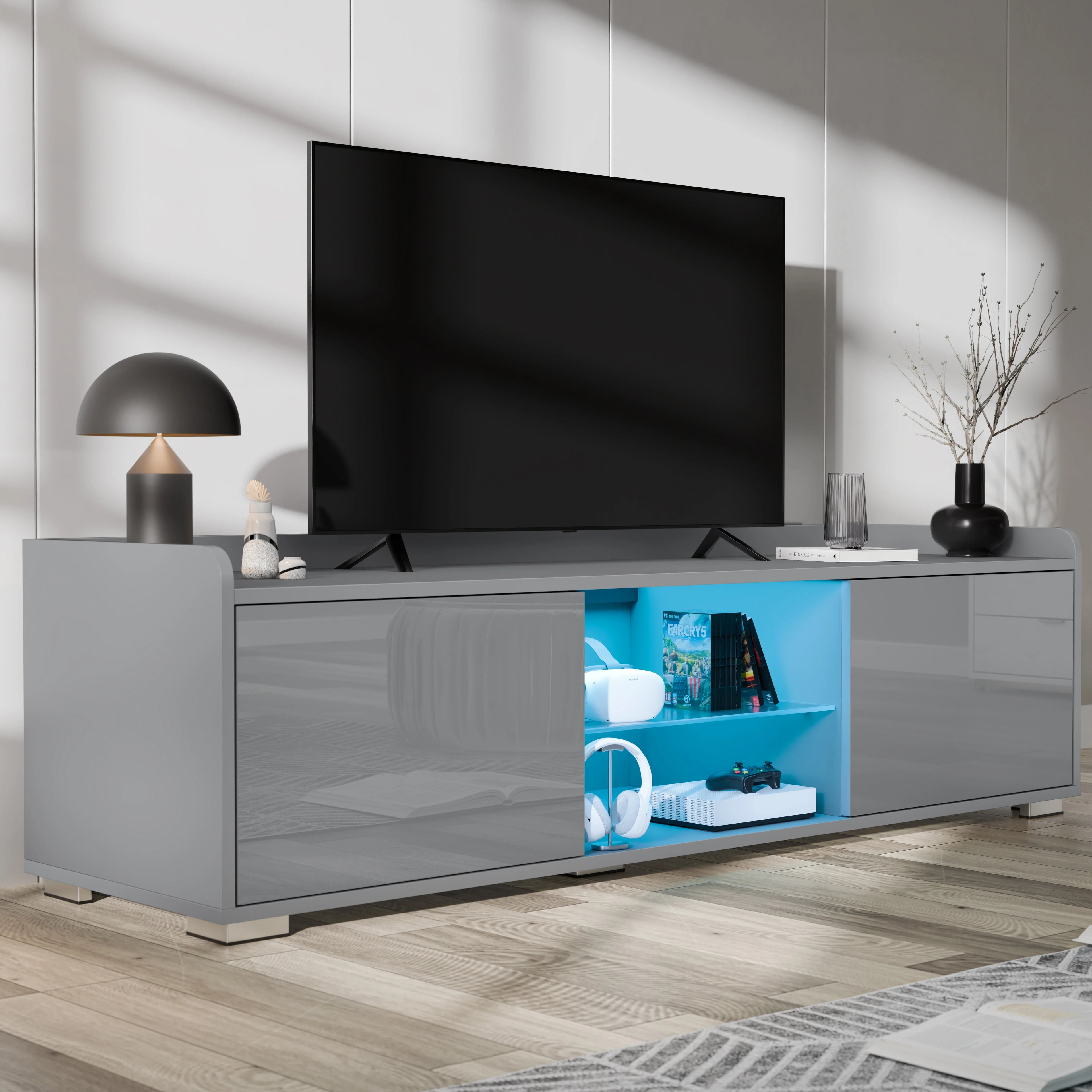 Meuble TV LED laqué brillant avec rangement - Meuble TV de salon 140 cm