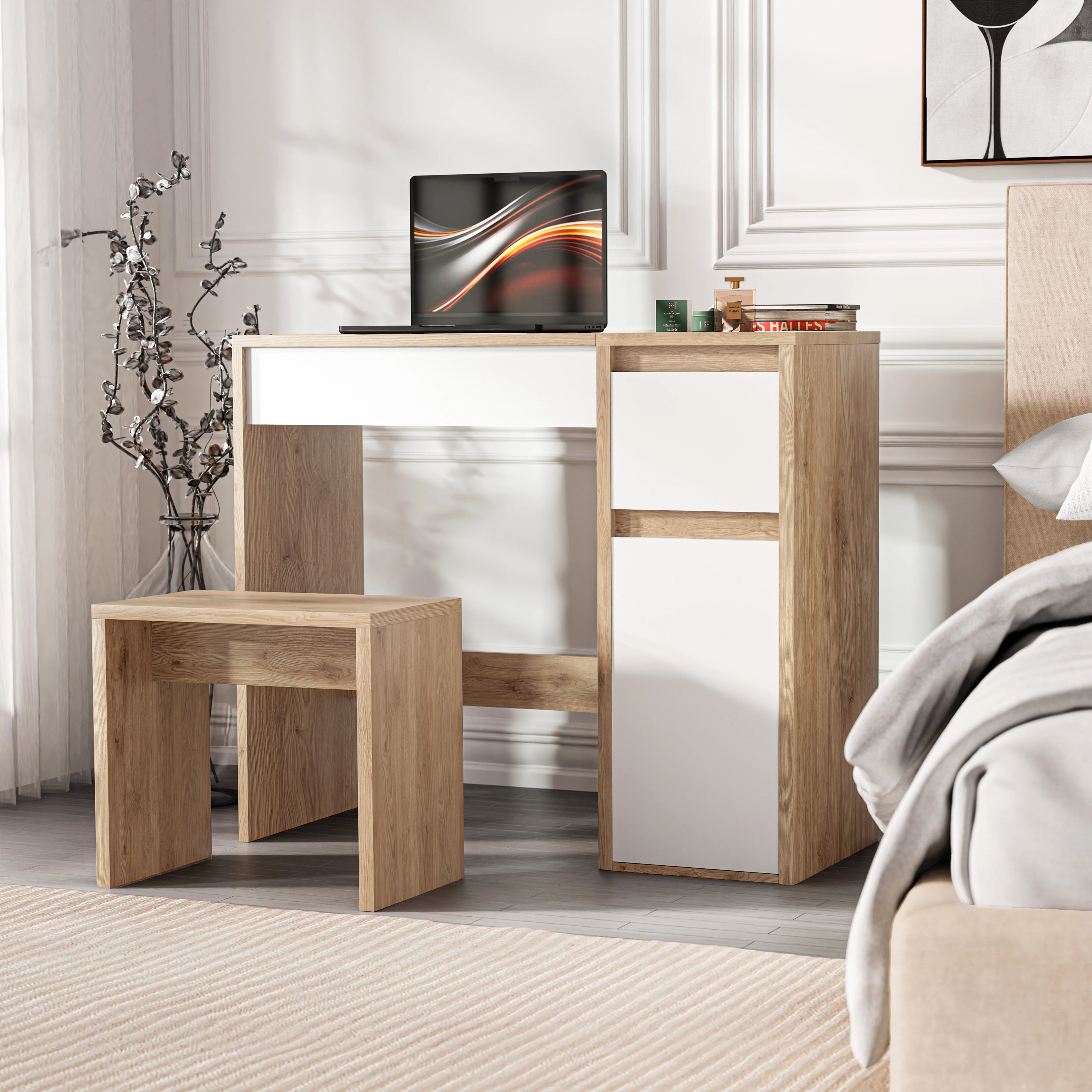 Coiffeuse avec miroir et rangement - Meuble de maquillage pour filles