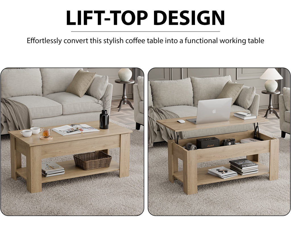 Table basse de rangement avec plateau relevable | Table basse moderne relevable de 120 cm de large