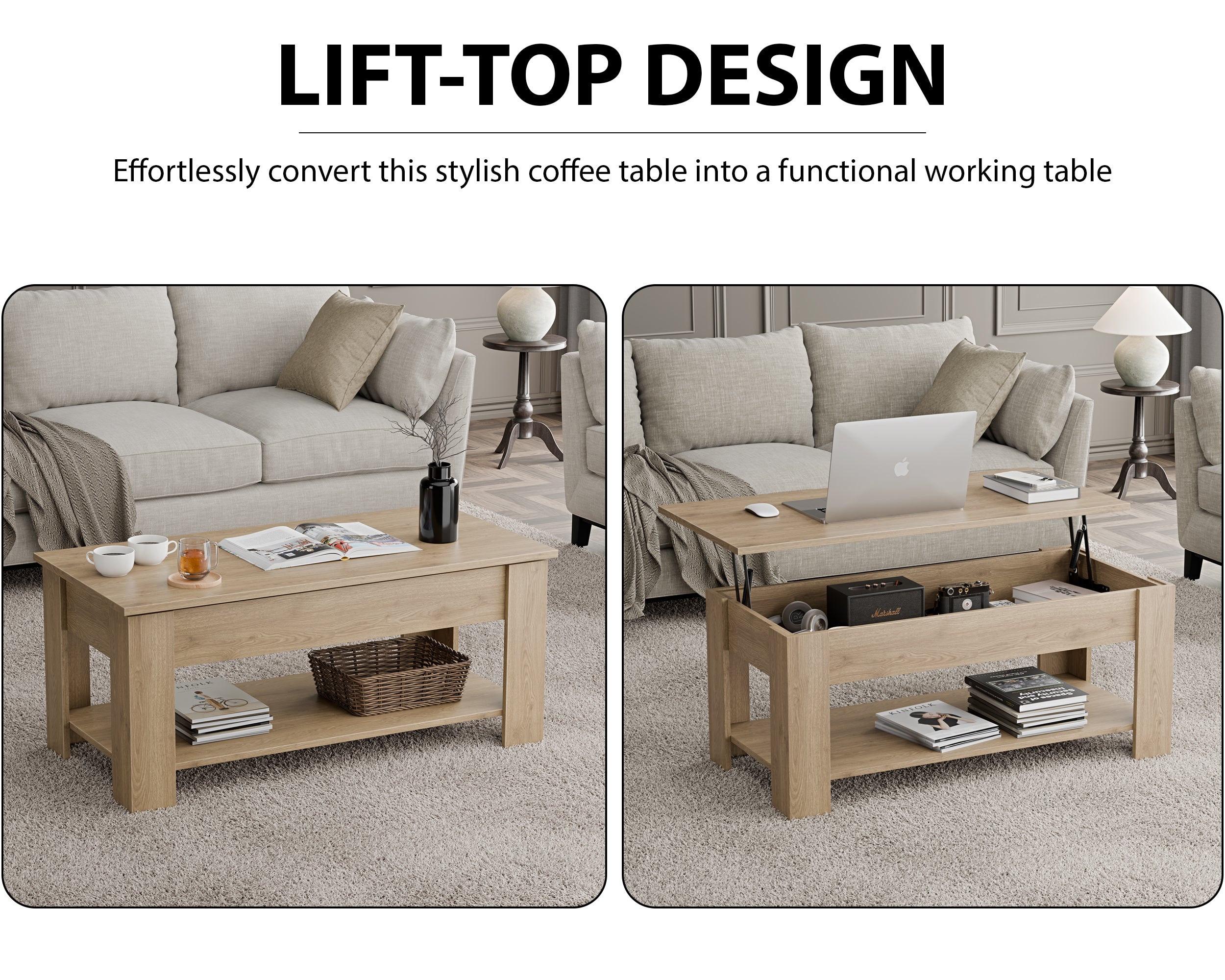 Table basse de rangement avec plateau relevable | Table basse moderne relevable de 120 cm de large