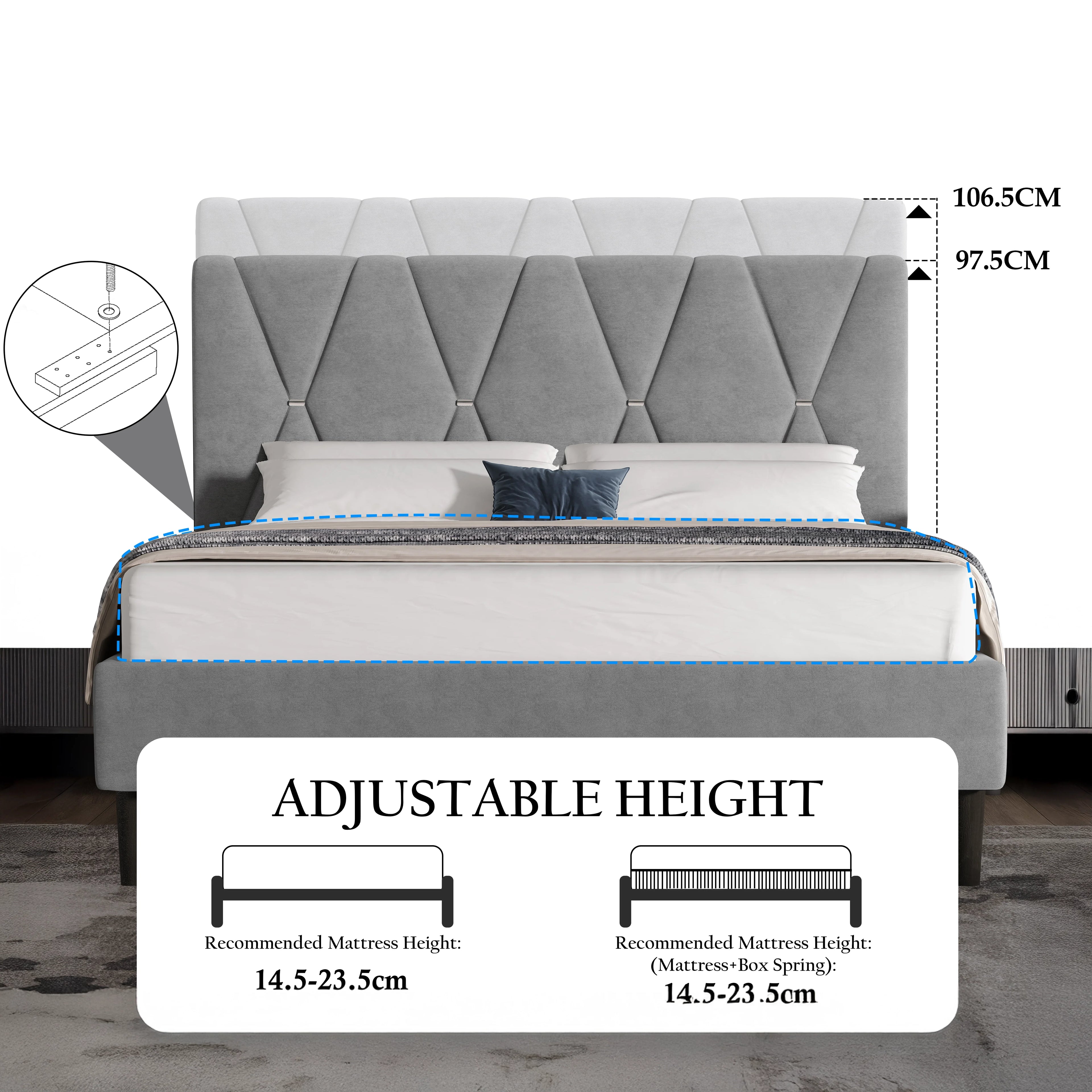 Velvet Double Bed Frame with Headboard Upholstered King Size Bed Frame