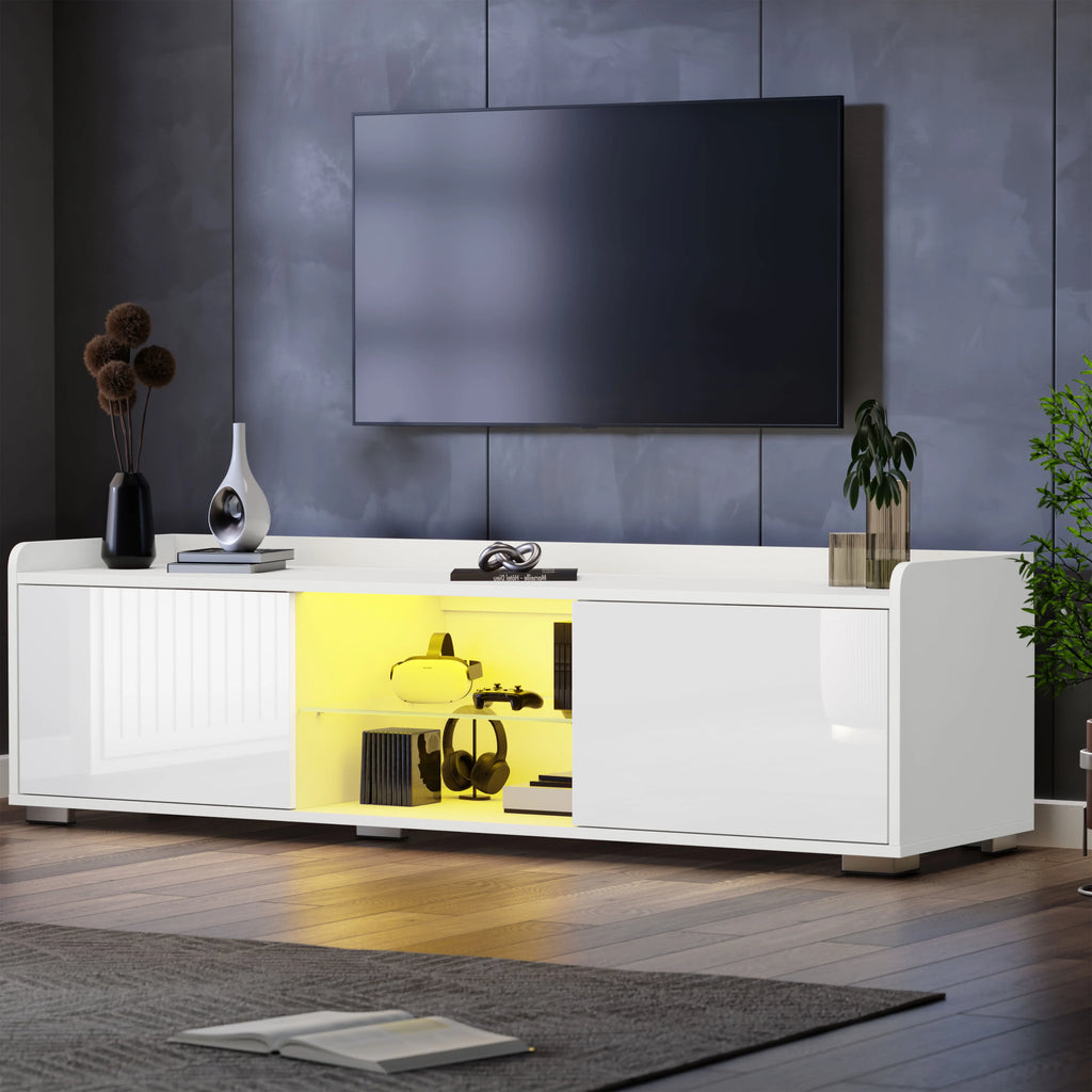 Meuble TV LED laqué brillant avec rangement - Meuble TV de salon 140 cm