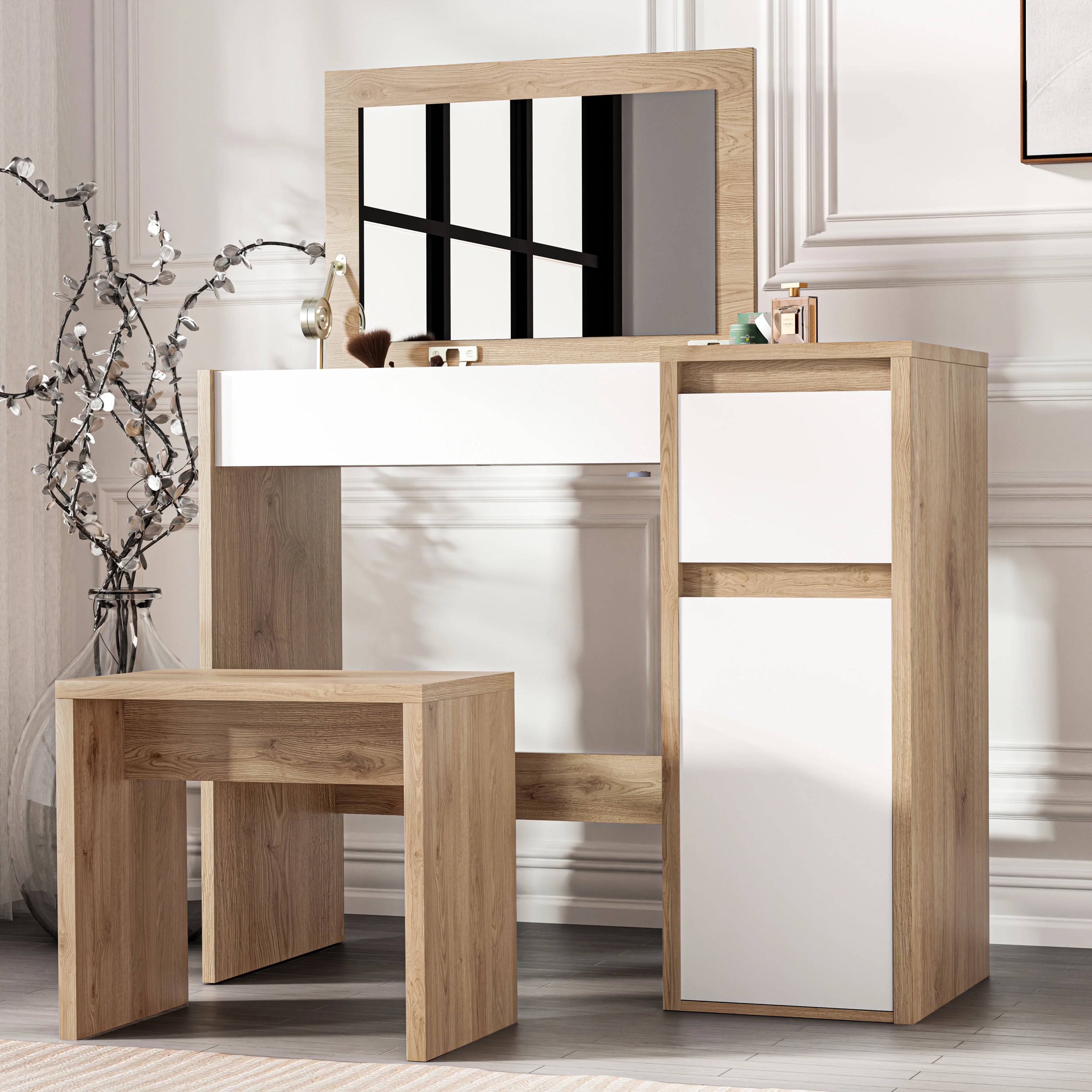 Coiffeuse avec miroir et rangement - Meuble de maquillage pour filles