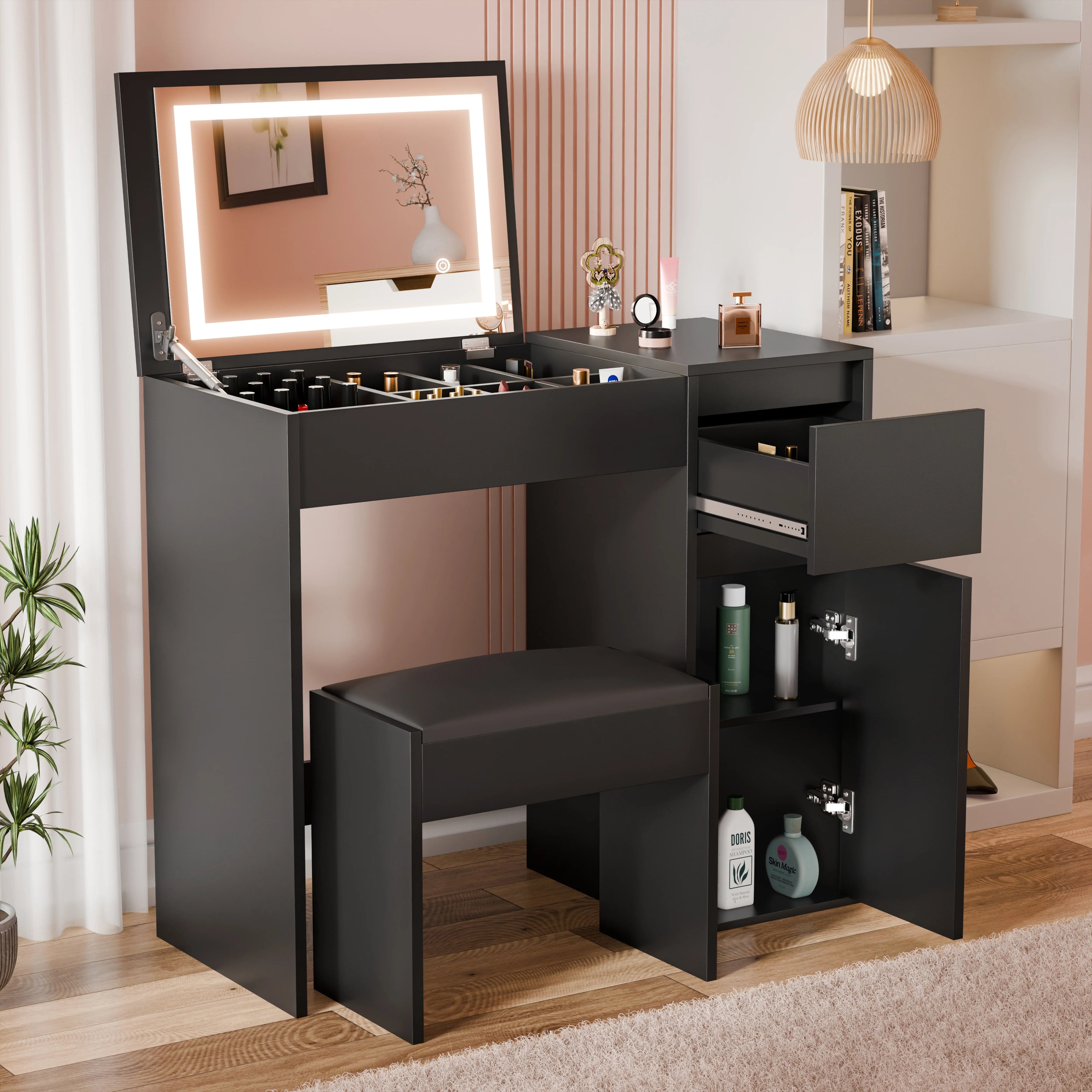 Small Dressing Table with Mirror and Lights, Stool -Makeup Vanity Desk