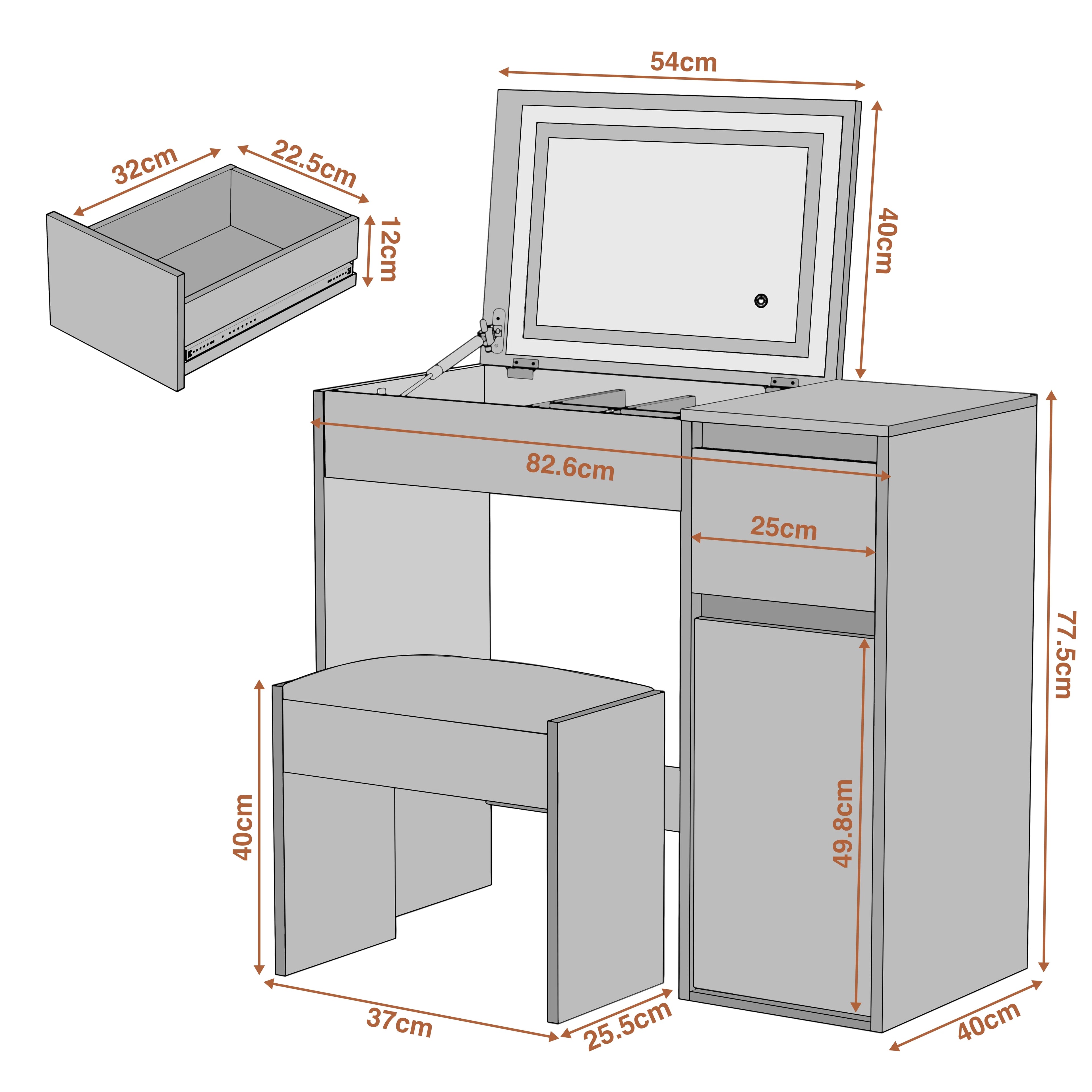Small Dressing Table with Mirror and Lights, Stool -Makeup Vanity Desk