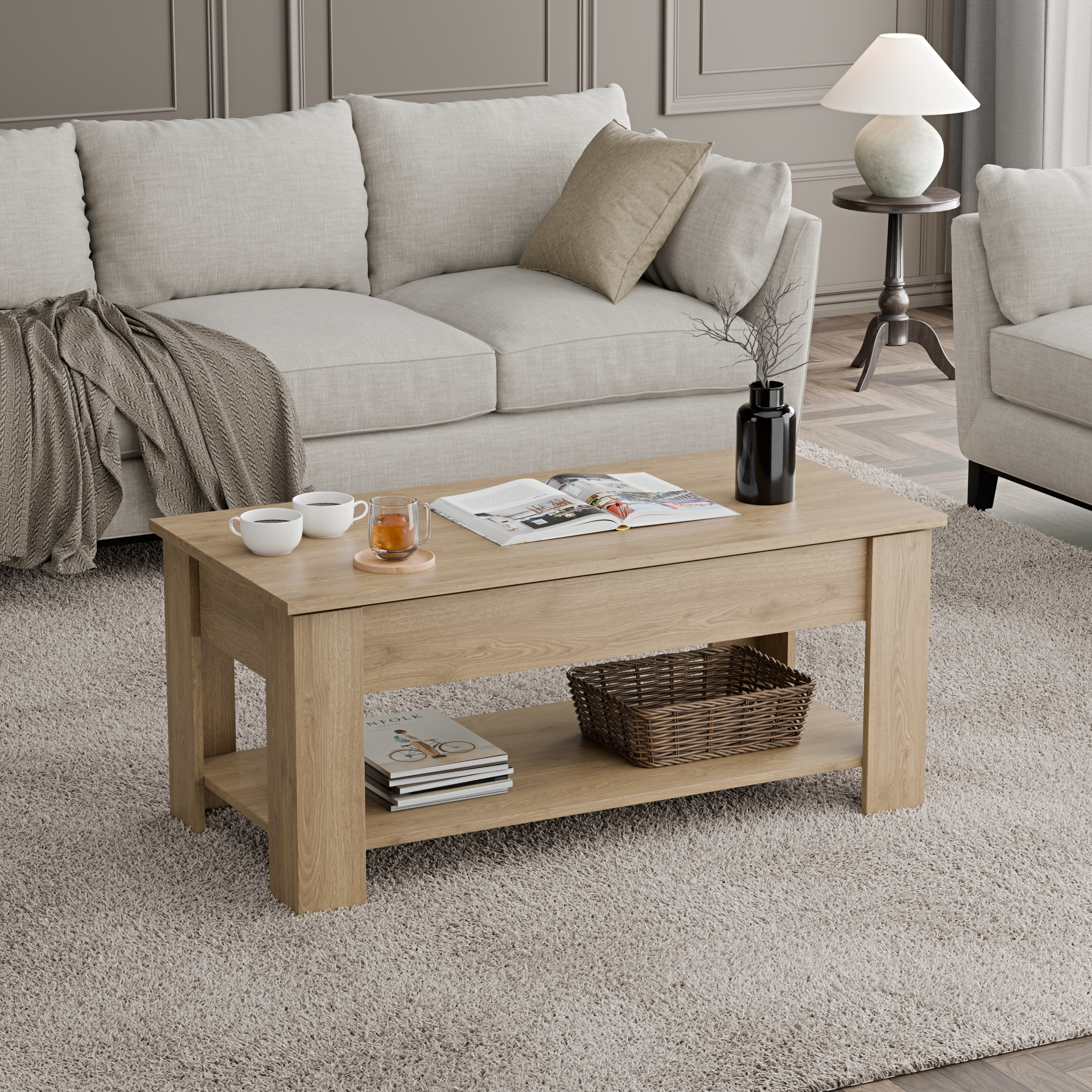 Table basse de rangement avec plateau relevable | Table basse moderne relevable de 120 cm de large