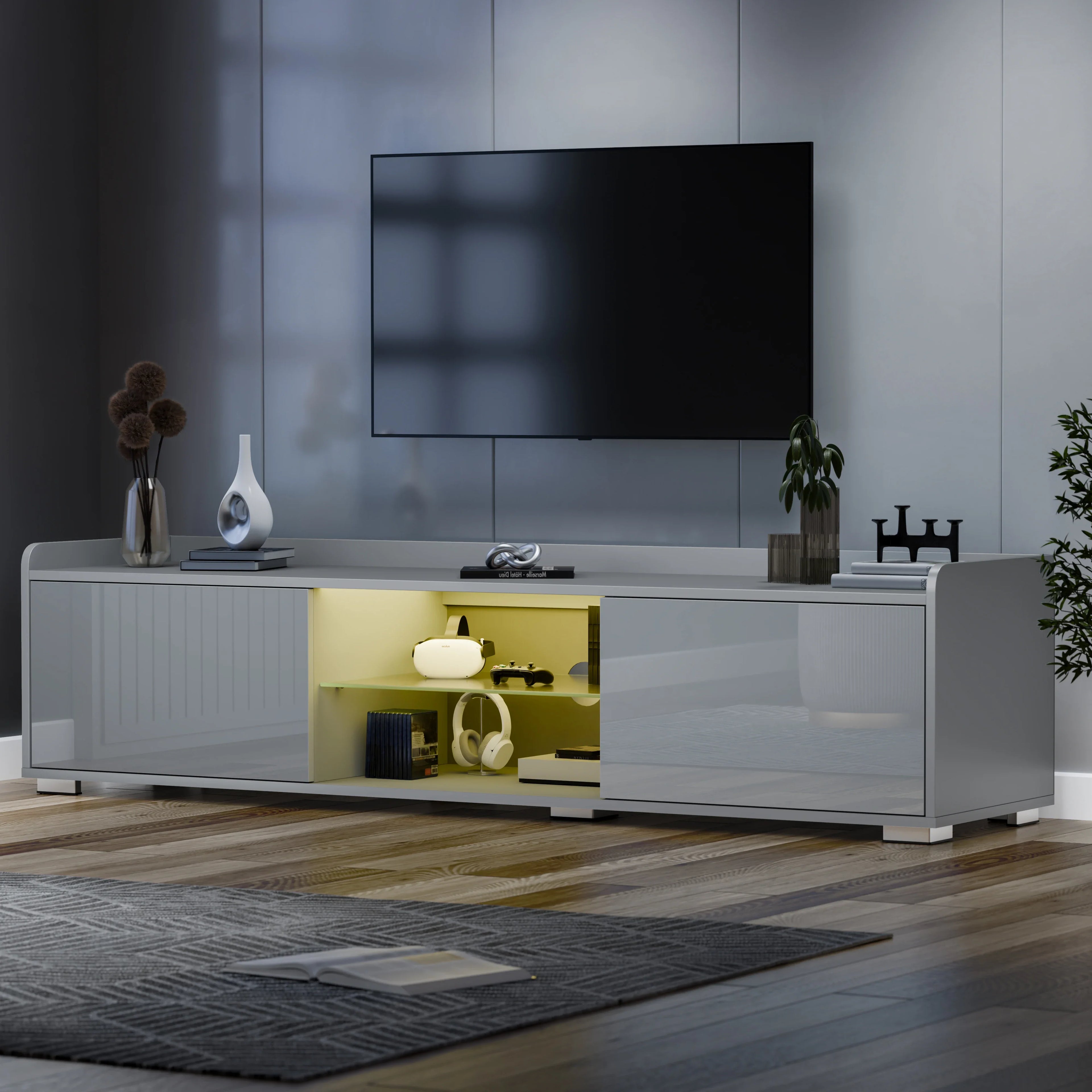 High Gloss TV Unit With LED Lights & 2 Door Storage Cabinets - 160cm